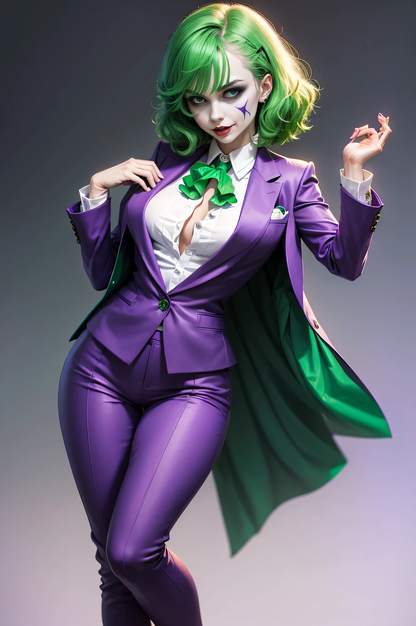 Joker dressed as a woman, Take the whole body, green hair, green eyes, purple pants, purple suit