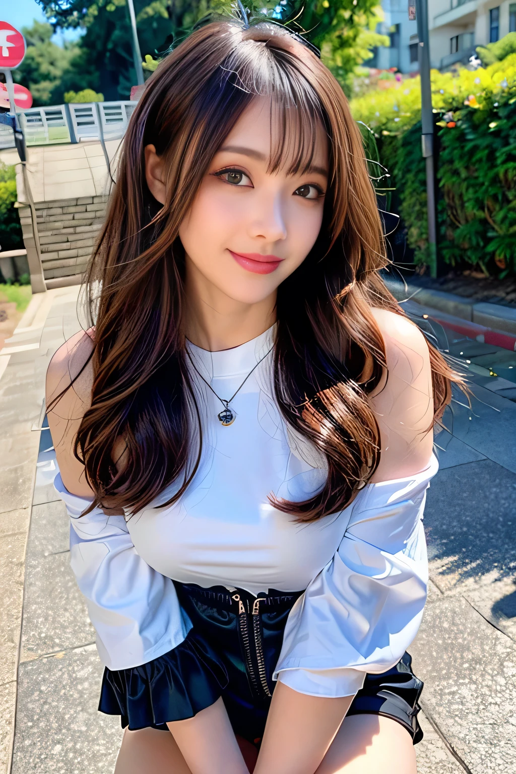 seed;2372725988,((Full Body Angle))、((Front hair:1.3))、((Highest quality, 8k, masterpiece: 1.3)), concentrated: 1.2, Cute girl 1,Nipples erect、 Perfect beauty: 1.4,Summer off-the-shoulder cropped T-shirt、Letter Print、Shorts: 1.2,Long sleeve、Randall Color、comics＆Text Graphics、Black ruffle-trimmed drawstring zip blouse,1.1, Highly detailed face and skin textures, Fine grain, double eyelid, whitening skin, ,Highest quality,Ultra-high resolution,you,1 girl,alone,_Shiny_skin,Iris,necklace,((brown_length_Wavy_hair)),(lips)),eyelash,Front hair,deal with,compensate,Shiny,pore,skin,Large Breasts、((smiling face))、stroll、Selfie、