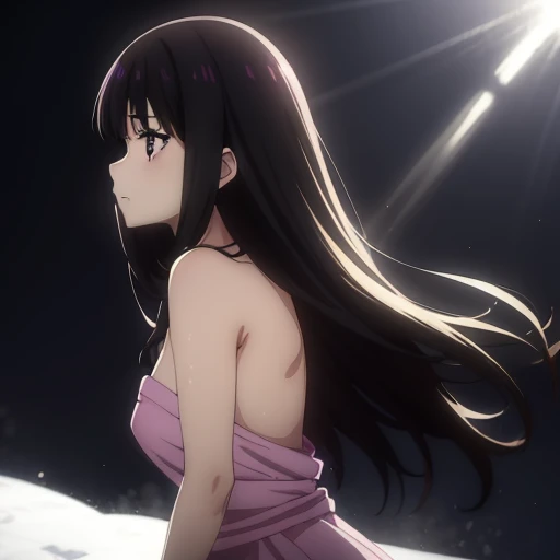 A gorgeous picture of Takina Inoue in a skimpy low-cut strapless purple dress with fantastic snow and ice effects, dramatic lighting, stark light and dark contrast