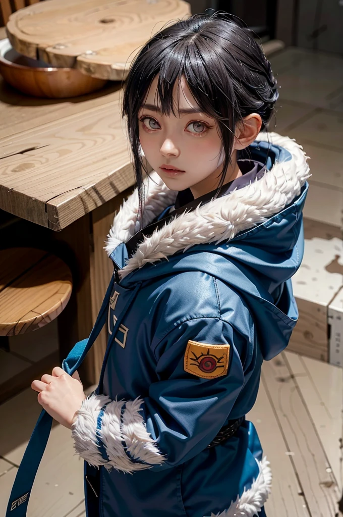 1, hinata_hyuuga, portraite, shorth hair, hair blue, Diamond band, locks, eye white, no pupils, hooded cloak, forehead protector, jaket, forst, combat stance, ready for battle