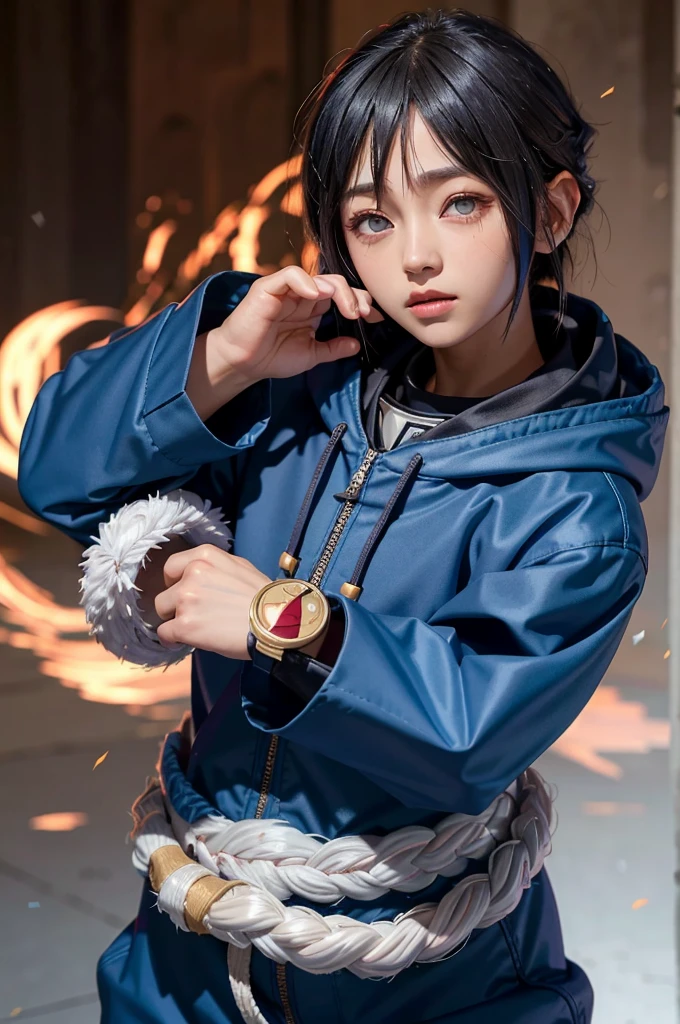 1, hinata_hyuuga, portraite, shorth hair, hair blue, Diamond band, locks, eye white, no pupils, hooded cloak, forehead protector, jaket, forst, combat stance, ready for battle