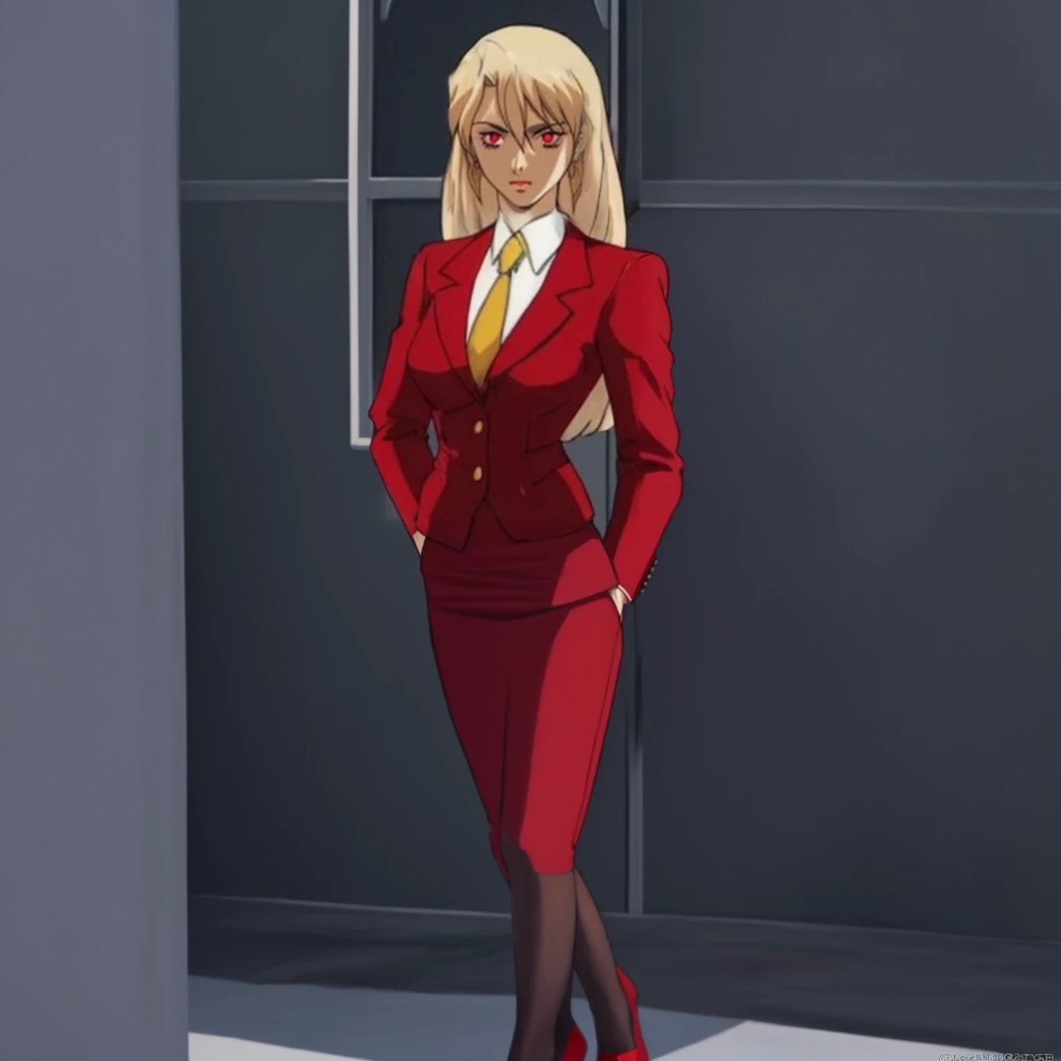 EVIL BLONDE BUSINESS WOMAN WEARING A BLOUSE WITH A RED SKIRT SUIT 90s ANIME ARTSTYLE WITH RED HEELS FULL BODY WEARING A SLIGHTLY LONG RED PENCIL SKIRT