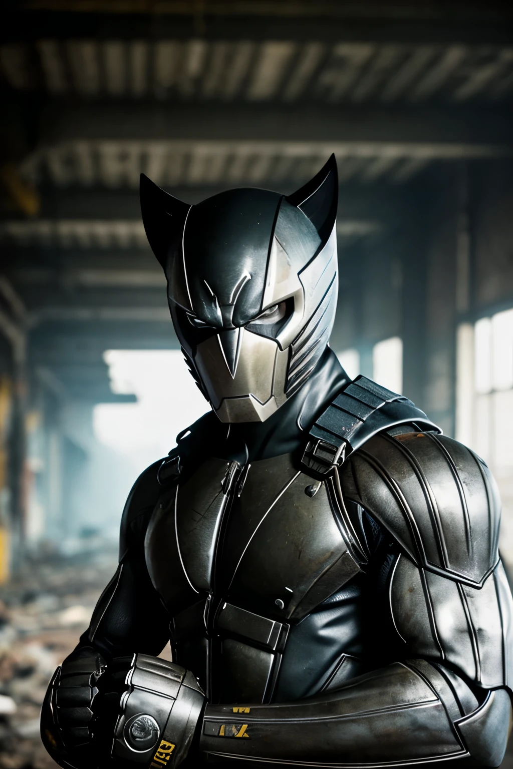 RAW-Foto, {Wolverine}, (1figure:1.4), masked, hyper-realistic, best quality, ultra-high-resolution, iron-clad suit, sharp focus, detailed texture, clawed paws, explicit musculature, volumetric lighting, glossy finish, battle-worn, wolverine-emblem, fine details, wolverine's signature mask, hyper-detailed, dark, gritty background, abandoned factory, industrial decay, grimy texture, harsh contrast, 8K, DSLR camera, high-quality, film grain, low saturation, photo realism, intense gaze, brooding expression, wolver