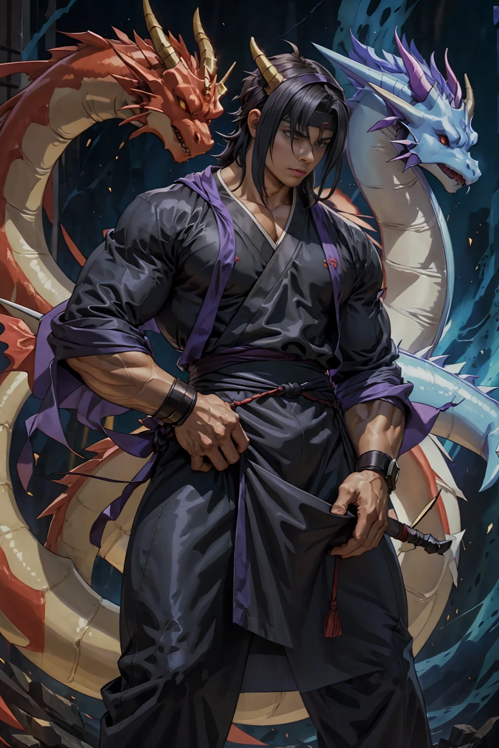 Huge muscles,Huge crotch bulge,Ashton,Robe,Two Dragons,紫のRobeに青いマント,Black Bandana,Her hair is semi-long and straight.