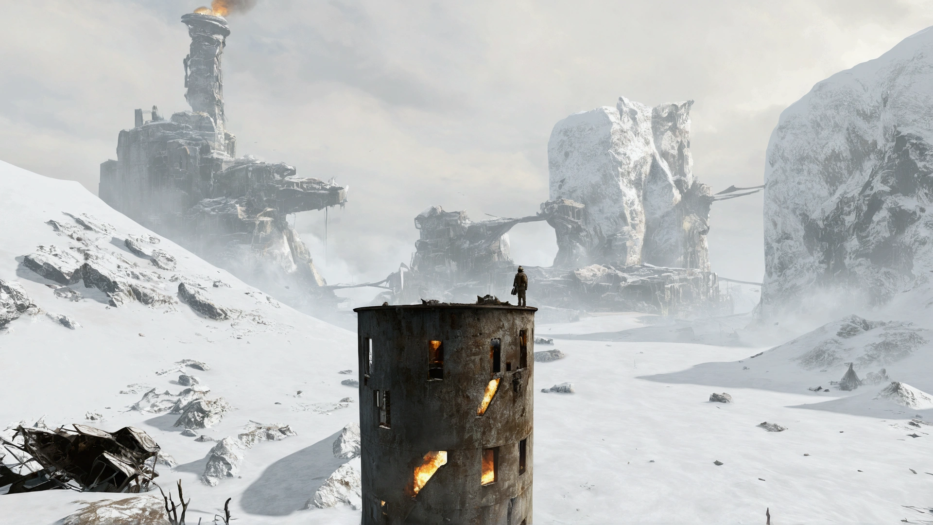 there is a fire in the middle of a snowy mountain, unreal engine screenshot, a screenshot of a rusty, ( ( unreal engine ) ), made in unreal engine 5, made in unreal engine, cryo engine, made in unreal engine 4, made with unreal engine, rendered in unrealengine, with cryengine, (unreal engine), created in unreal engine 5, Create dystopian masterpieces,Depict the destroyed futuristic cityscape in a gritty game concept art style. The artwork should evoke a sense of futuristic desolation and despair, post apocalyptic world. Keep an eye on the intricacies of detail, Sharp focus, and a highly detailed description of the ruined city. Take inspiration from the artistic styles of Wayne Barlow and Zdislav Beksiński. Deliver this image in movie view format, Show the bleak beauty of this decaying world.