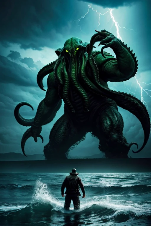 A giant raging cthulhu emerging angrily from the sea. Behind him an electrical storm rages. 