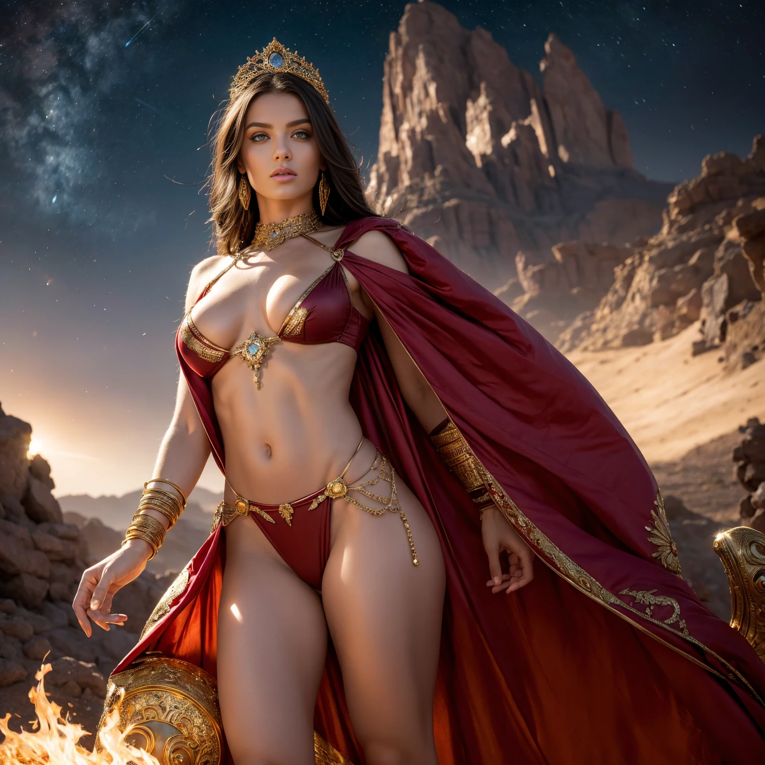 The prompt: "Nude princess of Mars, intricate details, intricate gold jewelry, athletic and fit body, slutty, perfect hands, detailed hands, perfect eyes, detailed eyes, flirty, sexy, realistic, HDR, UHD, dynamic" Stable Diffusion prompt: "princess of Mars, intricate details, intricate gold jewelry, athletic and fit body, slutty, perfect hands, detailed hands, perfect eyes, detailed eyes, flirty, sexy, realistic, HDR, UHD, dynamic, oil painting, flowing red gown, vibrant colors, cosmic tattoos, glowing aura, fiery landscapes, captivating gaze, alluring charm, hypnotic atmosphere, celestial crown, radiant sunlight, intricate facial features, shimmering body jewelry, majestic presence, ethereal beauty, powerful aura, goddess-like elegance, otherworldly landscapes, striking pose, intense passion, alluring shadows, seductive allure, seamless blending of humanity and Martian heritage, evocative lighting, compelling gaze, sensuous curves, exquisite craftsmanship, divine femininity, transcendent allure, immortal grace, enigmatic beauty, mesmerizing radiance, awe-inspiring scenery, spellbinding energy, intoxicating blend of strength and vulnerability."