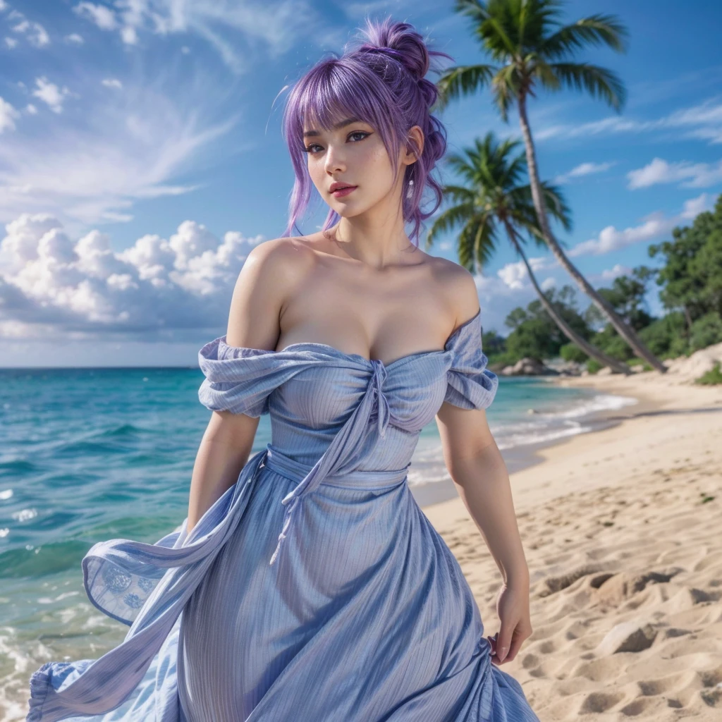 Ayane, Purple hair, (best quality, Ultra-detailed), (realistic:1.37), beautiful and detailed face, ultra-realistic texture, delicate face, delicate body, red lipstick, long-lasting colors. high definition, 8K.