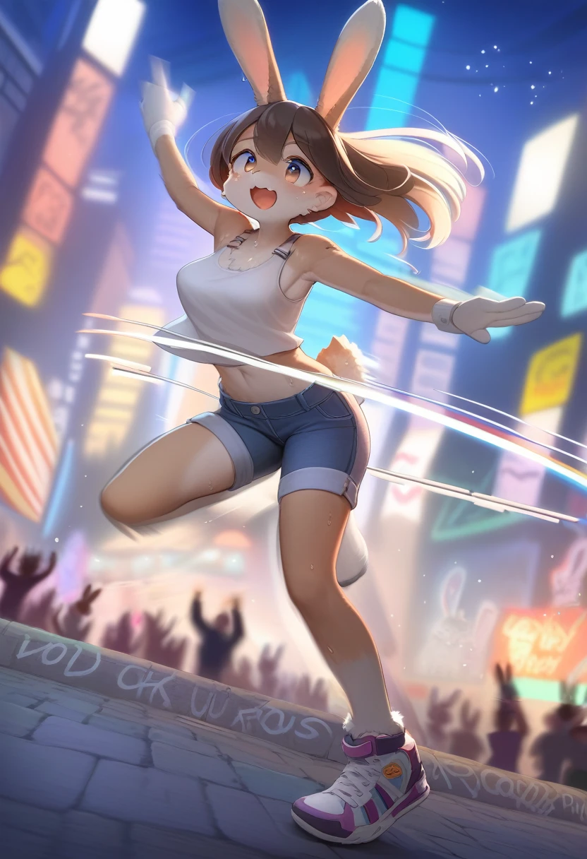 ((Masterpiece)), ((Best Quality)), (Very Detailed), ((Very Detailed)), 4K, (8K), very aesthetic, absurdres highres, 1 girl, (anthropomorphic cat, furry, kemono:1.5), Against the backdrop of the night skyline of the city, a female street dancer wears casual street clothes and performs a fast and sharp dance performance at a street festival. She wore a short haircut dyed in bright colors, her sweat glistening and the excited expressions on the audience's faces visible. In the background, there is a wall covered in graffiti, and many spectators are fascinated by her performance. The audience cheered, clapped, and swayed to her movements while filming with their smartphones,