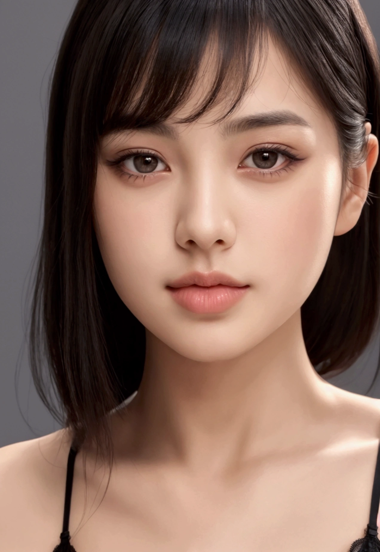 A beautiful young girl with black hair wearing lingerie, close-up of her face looking shy, blush on her cheeks, detailed facial features, bangs framing her face, hair accessory, (best quality,4k,8k,highres,masterpiece:1.2),ultra-detailed,(realistic,photorealistic,photo-realistic:1.37),intricate details,soft lighting,warm color tones,cinematic lighting,delicate,elegant,portrait