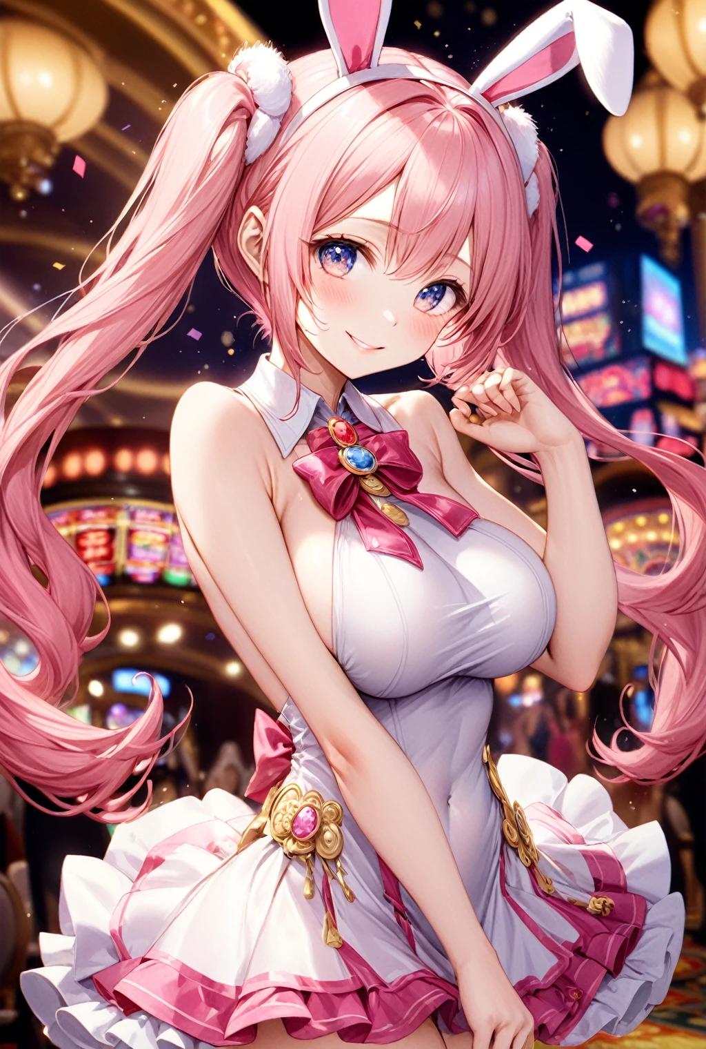 (Highest quality, 8k, 32K, masterpiece, Ultra-high resolution,:1.2),to be born, One Girl,So cute , Casino-like fantasy background, clear, Shining Eyes, Age 25 ,Fair skin, Pink Haired Girl, Fantasy Clothing, Long Hair, An innocent smile, Large Breasts, Big Breasts, dress, night, Bunny girl, Rabbit Ears,Nyan Nyan Pose,sexy,Twin tails