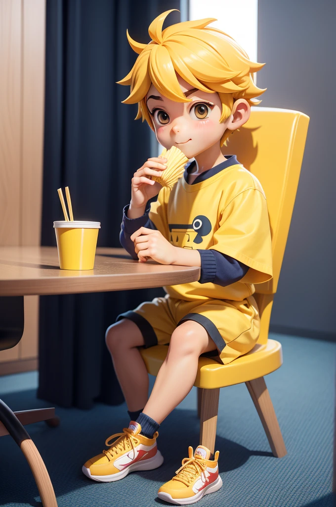 【Five finger detail】【sitting posture】Cartoon version Q， eating takeaway，eating pasta，anime concept art, Takeaway food in Meituan，Q versão takeaway boy（Stereoscopic 3D）（The color scheme is dominated by the yellow color of Meituan clothing）（Illustrates??the cute style）Cute comic book style，anime concept art, Illustratesção oficial[Three-dimensional feeling][lovely wind][card ventilation][真实感]