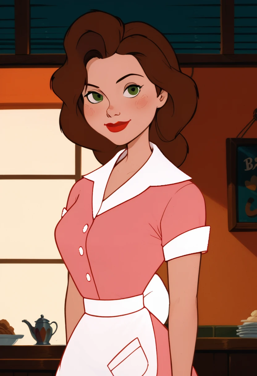 score_9, score_8_up, score_7_up, looking at viewer, anniehughesxl, 1 girl, brown hair, red lips, green eyes, long hair, waitress attire, smile, in retro cafe, light smile, 