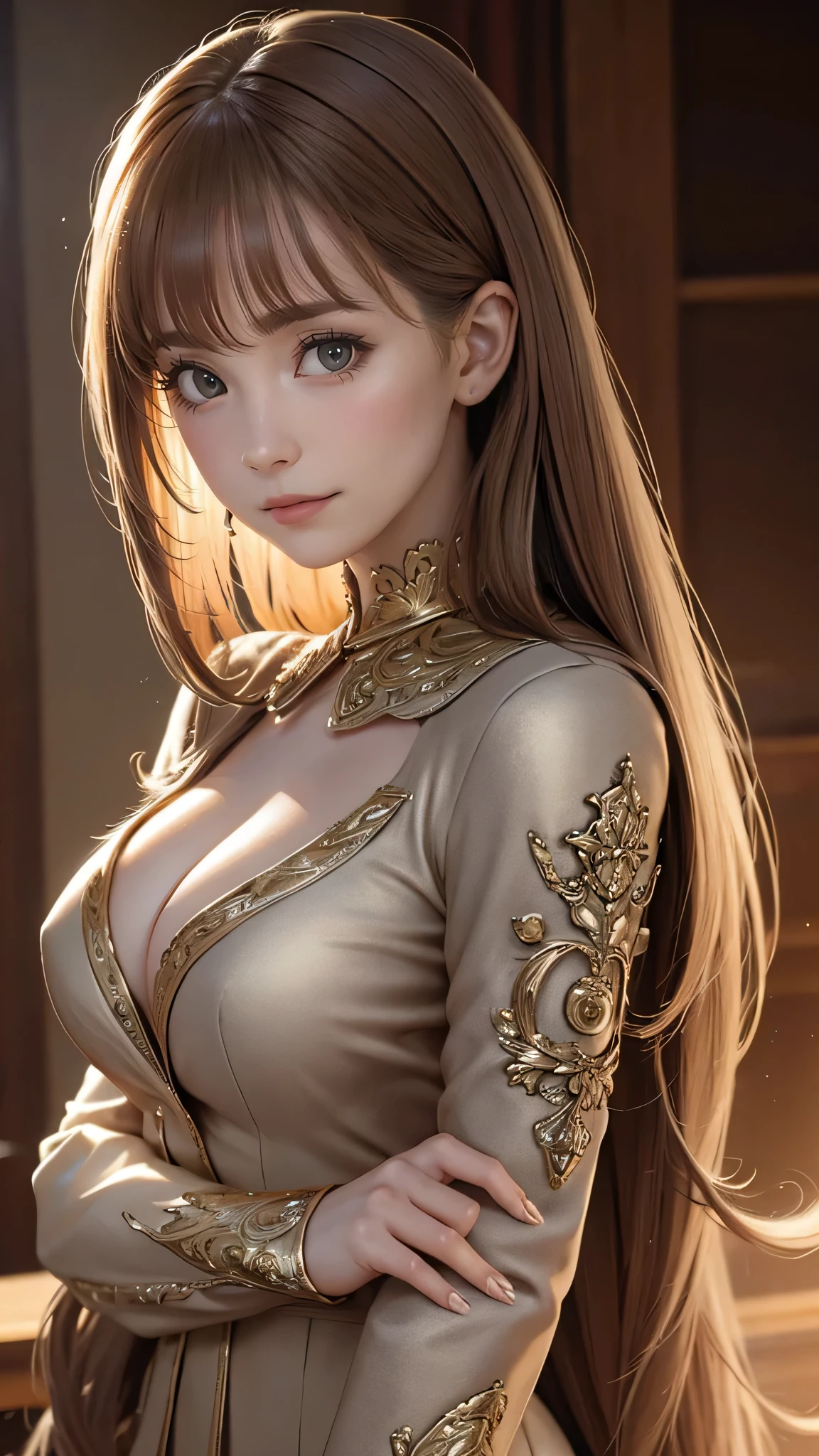 Cinematic scene,Fantasy Art,Highest image quality,Hyperrealism portrait,(8K),Ultra-realistic,Best Quality,High quality,High Definition,high quality texture,high detailing,Beautiful detailed,fine detailed,extremely details CG,Detailed texture,realistic representation of face,masterpiece,presence,Dynamic,Bold,1gir,Ultra detailed skin,Curve,,Beautiful breasts,Large breasts,pale skin,pointed breast,Erect nipples,(Ultra Thin hair),(Ultra Soft hair),(Ultra straight hair),Swept long bangs,Extra bright coppery amber hair,Hair over one eye,(clothed:1.5)