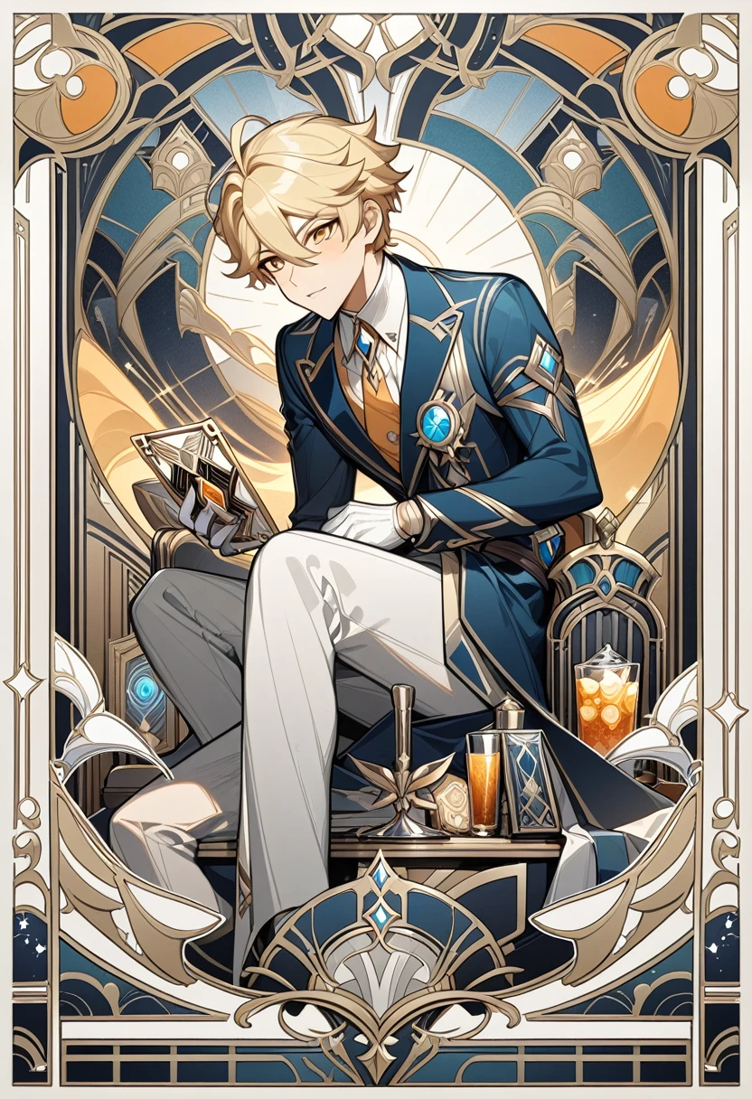 genshin impact, aether, traveler from genshin impact, blonde, 1boy, male, handsome boy, art deco, card, frames, vintage, bar, drinks, art deco poster, high quality, masterpiece, detailed, line art, straight lines, clear art, gritty, centered, 