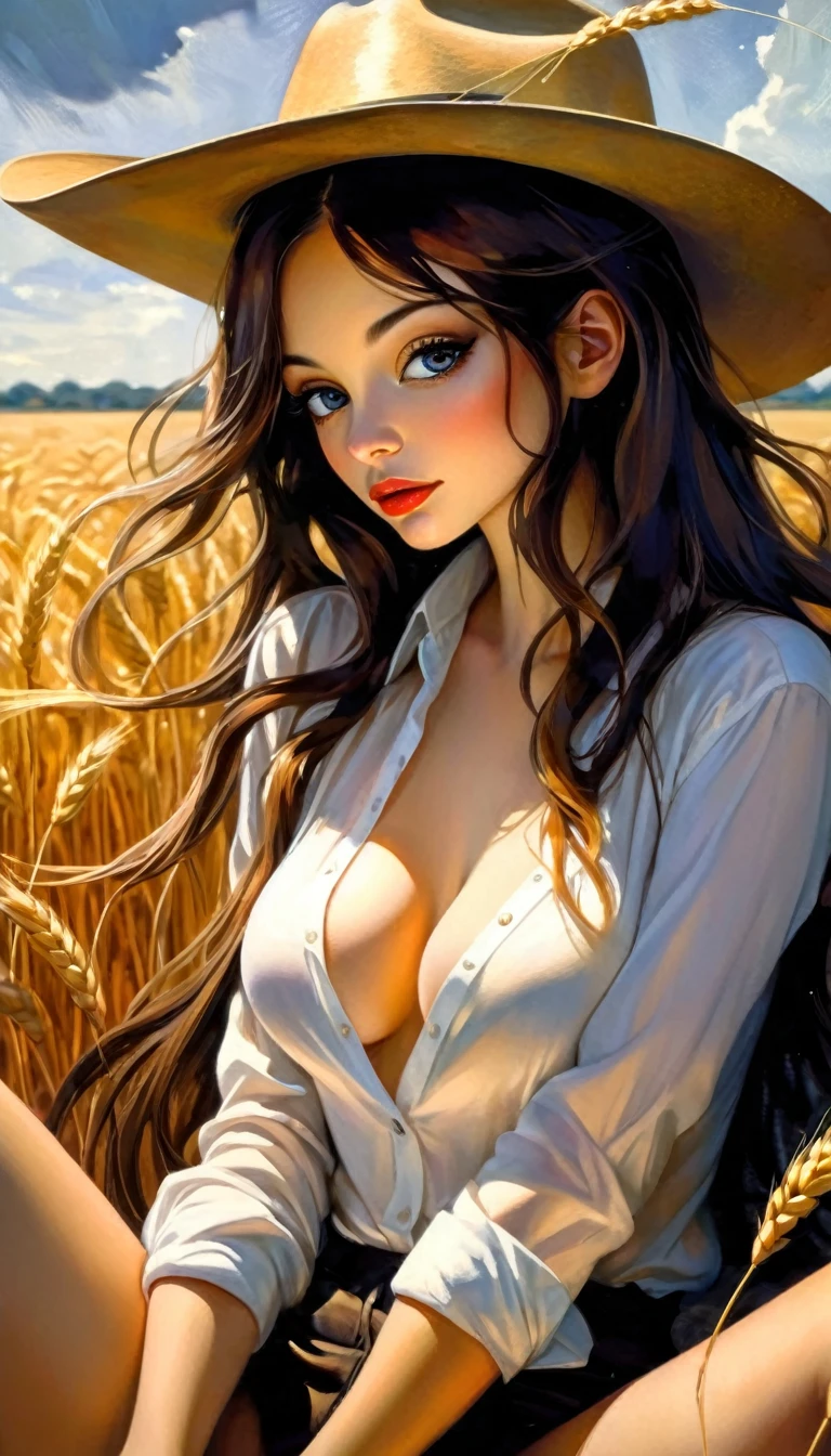 a sexy girl in the middle of a wheat field, very long hair, cowboy hat, unbuttoned white shirt,grabs her breasts, shows her breasts, sitting on a rock, legs spread, shows her pussy, caresses her pussy, fingers in pussy, fluids,✨🤟😁🤗😍😆👍🙌✨👩👩👦👦sex sex sex ✨✨ ❗ 🙏😁❤ , , emotional impact,(best quality,4k,8k,highres,masterpiece:1.2),ultra-detailed,(realistic,photorealistic,photo-realistic:1.37),intricate details,vivid colors,sharp focus,professional,Dave McKean artwork, oil touch of surrealism,oil painting style,portrait,woman,beautiful detailed eyes,beautiful detailed lips,dreamlike atmosphere,shadow play,soft lighting,playful pose,dark hues,ethereal background,fantasy elements,texture,layered composition.