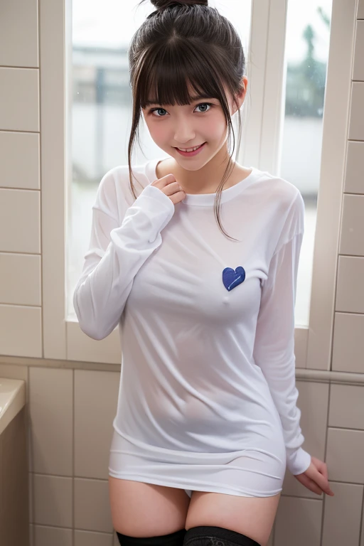 high quality, detailed,lots of water droplets on her body.(at night:2.0),blue eyes.she is  japanese gal,standing prostitute,in the shower room,she has a mole under her eye,very small breasts,(wearing long sleeve white oversized t-shirt dress,very very wet thin fabric shirt,),blunt bangs,((bun hair)),huge smile,((wearing overknee socks)),slender,face up,nipples,temptation