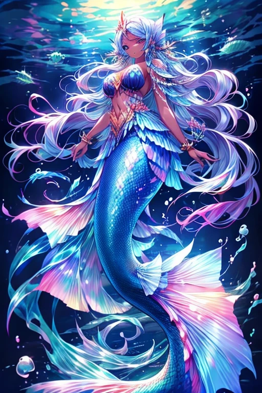 Mermaid, dark skin, blue long hair, anime girl