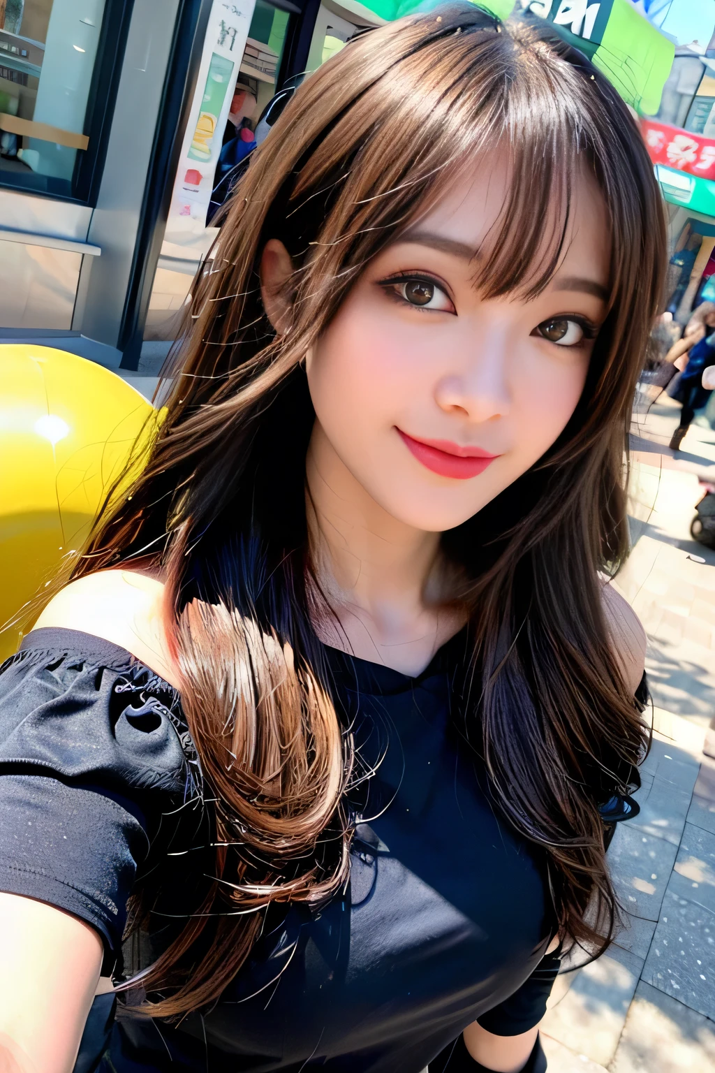seed;2372725988,((Full Body Angle))、((Front hair:1.3))、((Highest quality, 8k, masterpiece: 1.3)), concentrated: 1.2, Cute girl 1,Nipples erect、 Perfect beauty: 1.4,Summer off-the-shoulder cropped T-shirt、Letter Print、Shorts: 1.2,Long sleeve、Randall Color、comics&Text Graphics、Black ruffle-trimmed drawstring zip blouse,1.1, Highly detailed face and skin textures, Fine grain, double eyelid, whitening skin, ,Highest quality,Ultra-high resolution,you,1 girl,alone,_Shiny_skin,Iris,necklace,((brown_length_Wavy_hair)),(lips)),eyelash,Front hair,deal with,compensate,Shiny,pore,skin,Large Breasts、((smiling face))、stroll、Selfie、
