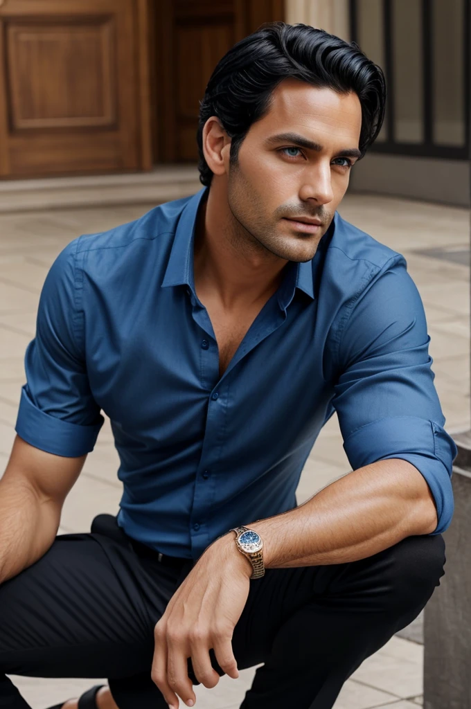 handsome man, Without beard, very tanned, black hair, blue eyes, dressed in a French blue shirt and black dress pants