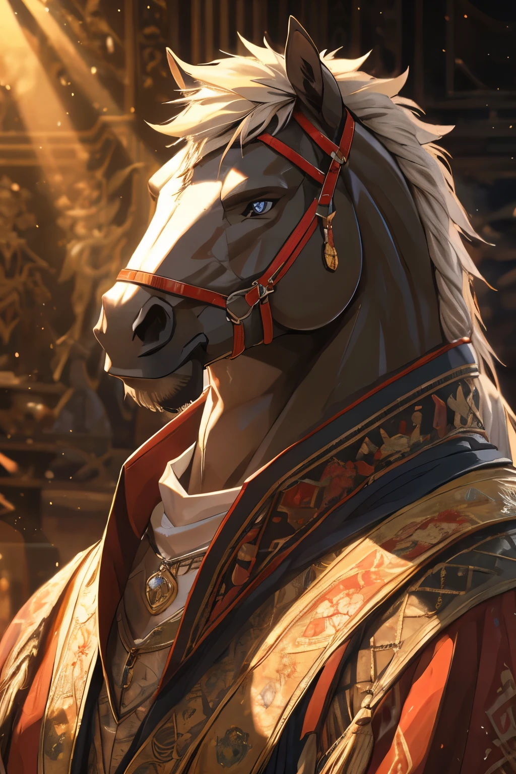 Full body anthro horse, regal pose, muscular build, gleaming coat, intense eyes, detailed mane and tail, masterpiece, highest quality, realistic rendition, lens flare, trending on DeviantArt, intricate detail, high definition, dramatic lighting, realistic textures, royal background, noble expression, strong jawline, majestic stature, detailed facial features, expressive eyes, bold presence, high resolution, by EquusArtisan, by SteelforgedStallion, by NobleTrotter.
