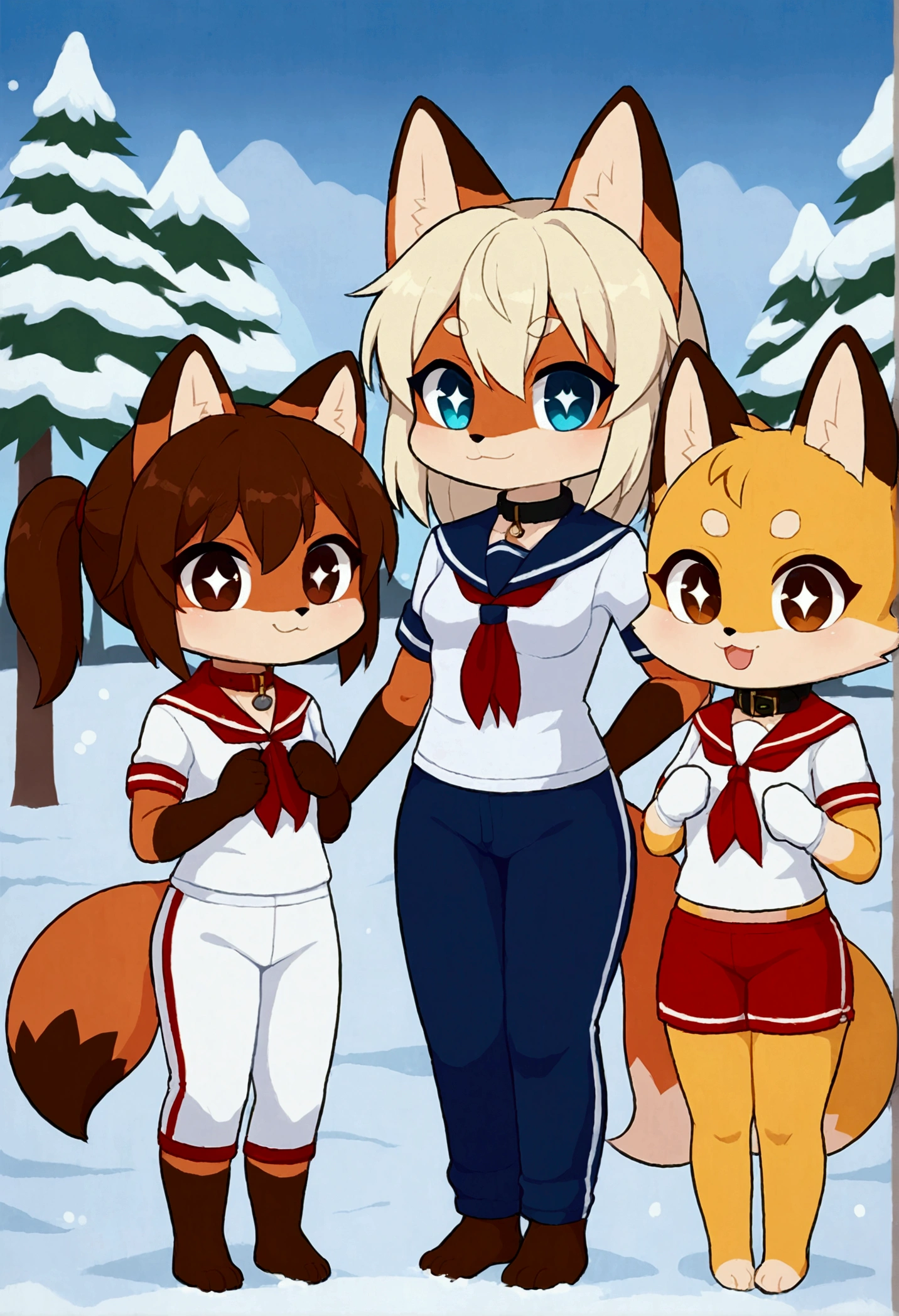 3girls, fox and tanuki, furry, bodyfur, tail, collar, sailor suit, short sleeves, jersey pants, long pants, white gloves, barefeet, chibi, sparkling eyes, full body, snow