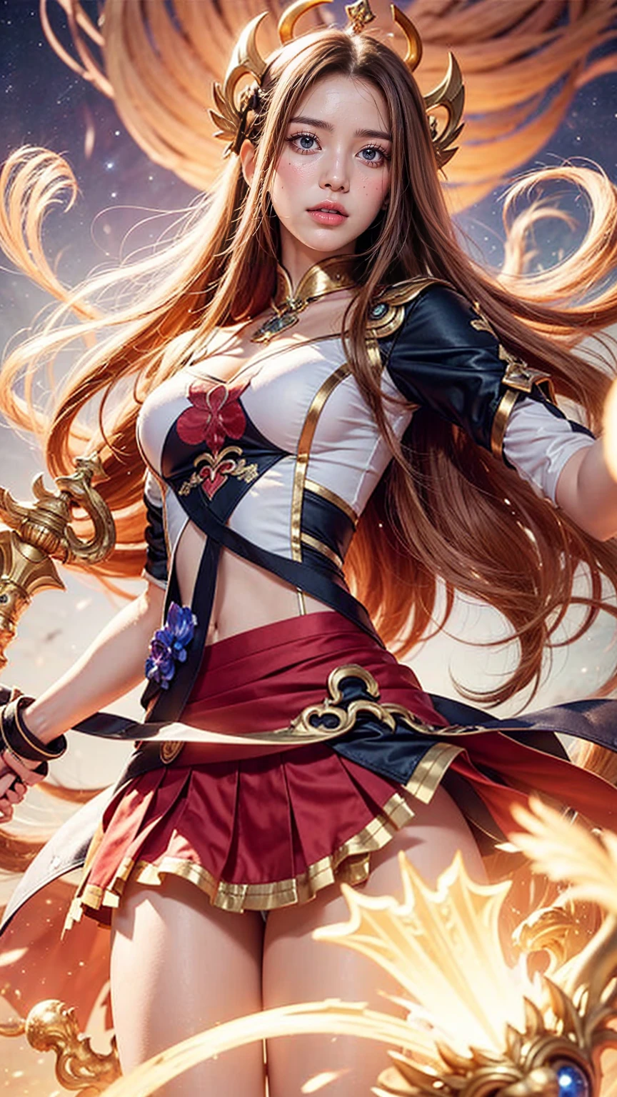 Diaochan, epic skin, with a celestial theme, wielding her magical staff, and protecting her team against a starry night backdrop