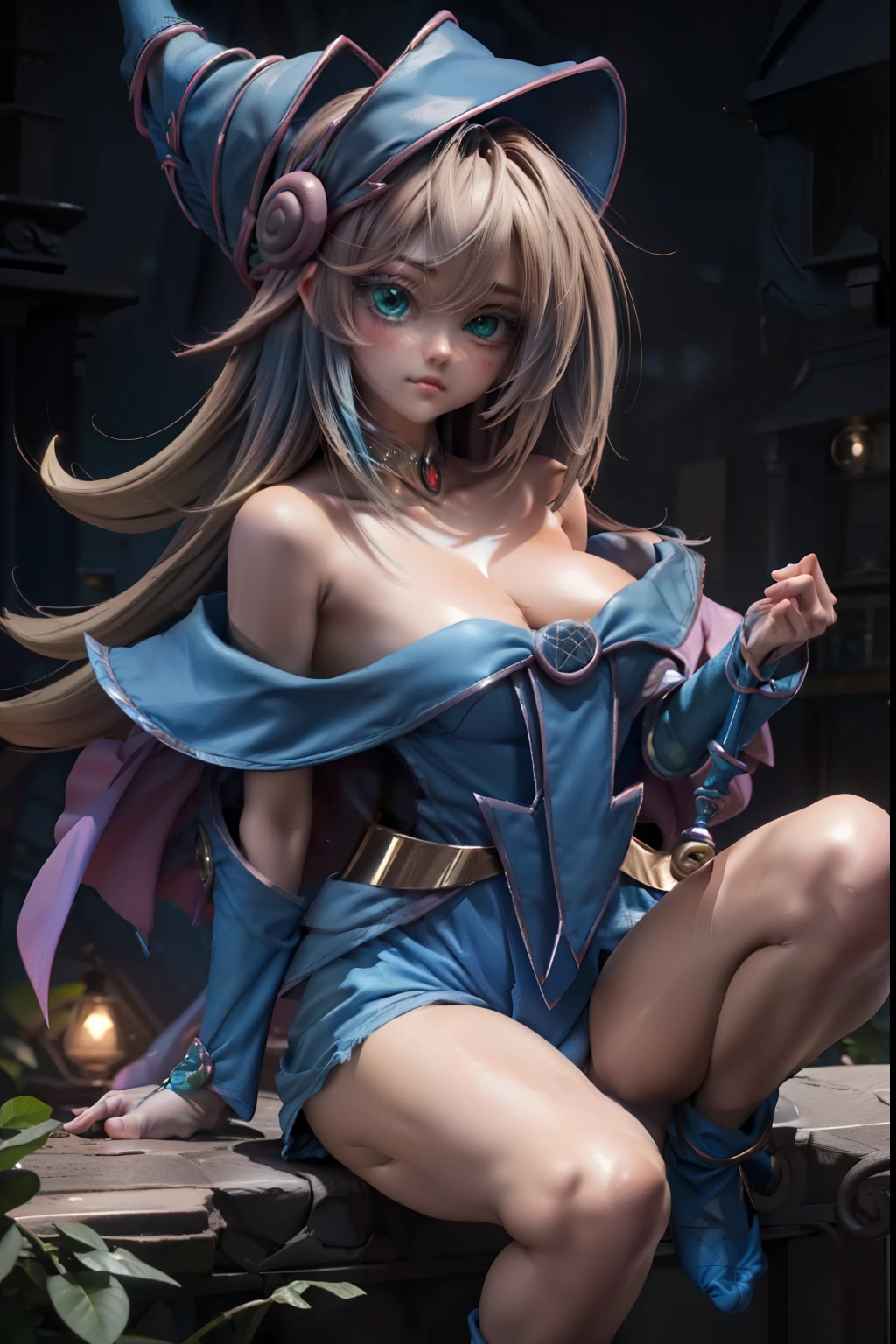 Dark Magician Girl, Oscura himself, by rubio, choker, (green eyes:1.5), by the width,
ROMPER bare shoulders, blue shoes, blush, blush pegatinas, neckline, clavicle, duel monster, has, off the shoulder, pentacle, wizard has, (blue clothes:1.5),
ROMPER looking at the viewer,
Outdoor ROMPER, city,
BREAK (masterpiece:1.2), Best Quality, High resolution, unity wallpaper 8k, (illustration:0.8), (beautiful detailed eyes:1.6), extremely detailed face, perfect lighting, Extremely detailed CG, (perfect hands, perfect anatomy),