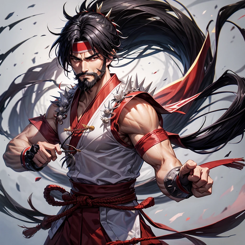 Oriental man, Cao Cao, brawny, straight black spiky hair, wearing a red headband, wearing a white karate gi, black karate belt around the waist, face with short beard 