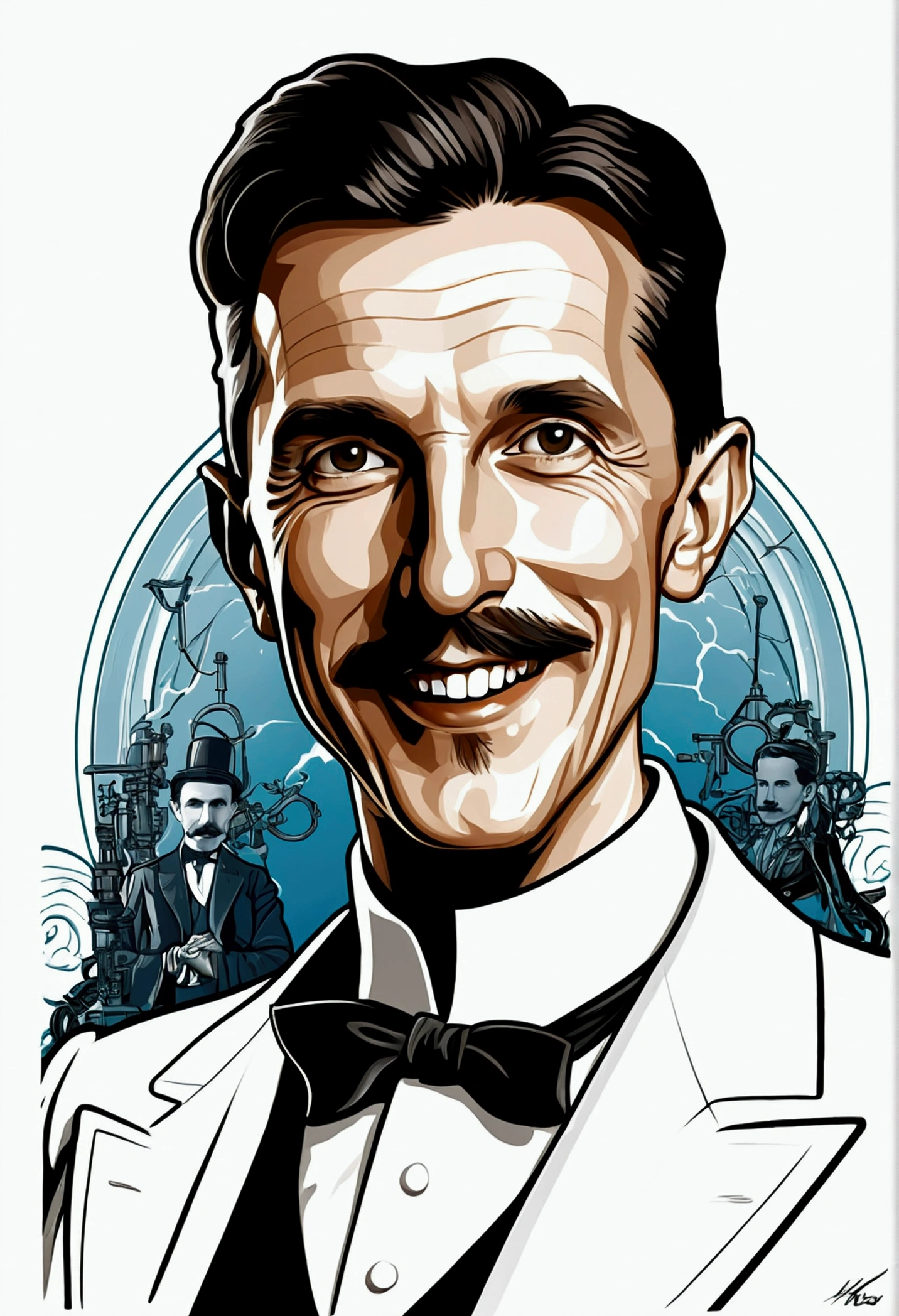 nikola tesla caricature t shirt design, white background,smile,half bust