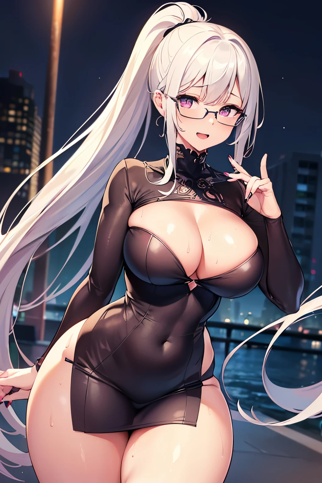Woman, (city night:1.1), (white tight miniskirt bodysuit:1.1), (wet with sweat:1.2), open mouth, smile, (hyper realistic), (highest detailed), (masterpiece), (best quality), (high resolution), (sharp focused), (wallpaper), (intricate detail), (highest quality), (see-through glasses:1.1), (beautiful long ponytail:1.1), (detailed face and eyes:1.2), (perfect anatomy), (round breasts), (bubble butt), (wide hips:1.1), (slim waist:1.1), (thick thighs:1.1), (detailed background), (perfect nails:1.1), (detailed hand and finger:1.2), (medium breasts:1.2), (busty), (deep cleavage:1.2), (labia outline:1.3), (hard teat:1.3).