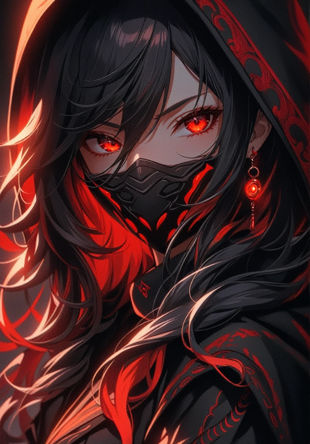 an Afro-descendant woman with long curly hair and red eyes wearing a hood, anime foda 8k, 4K anime-style, com eerie glowing red eyes, com eerie glowing red eyes, 4k anime wallpaper, 4k anime wallpaper, 4k anime wallpaper, 4k anime art wallpaper, 8K anime art wallpaper, 4k anime art wallpaper, eerie glowing red eyes, demon anime girl