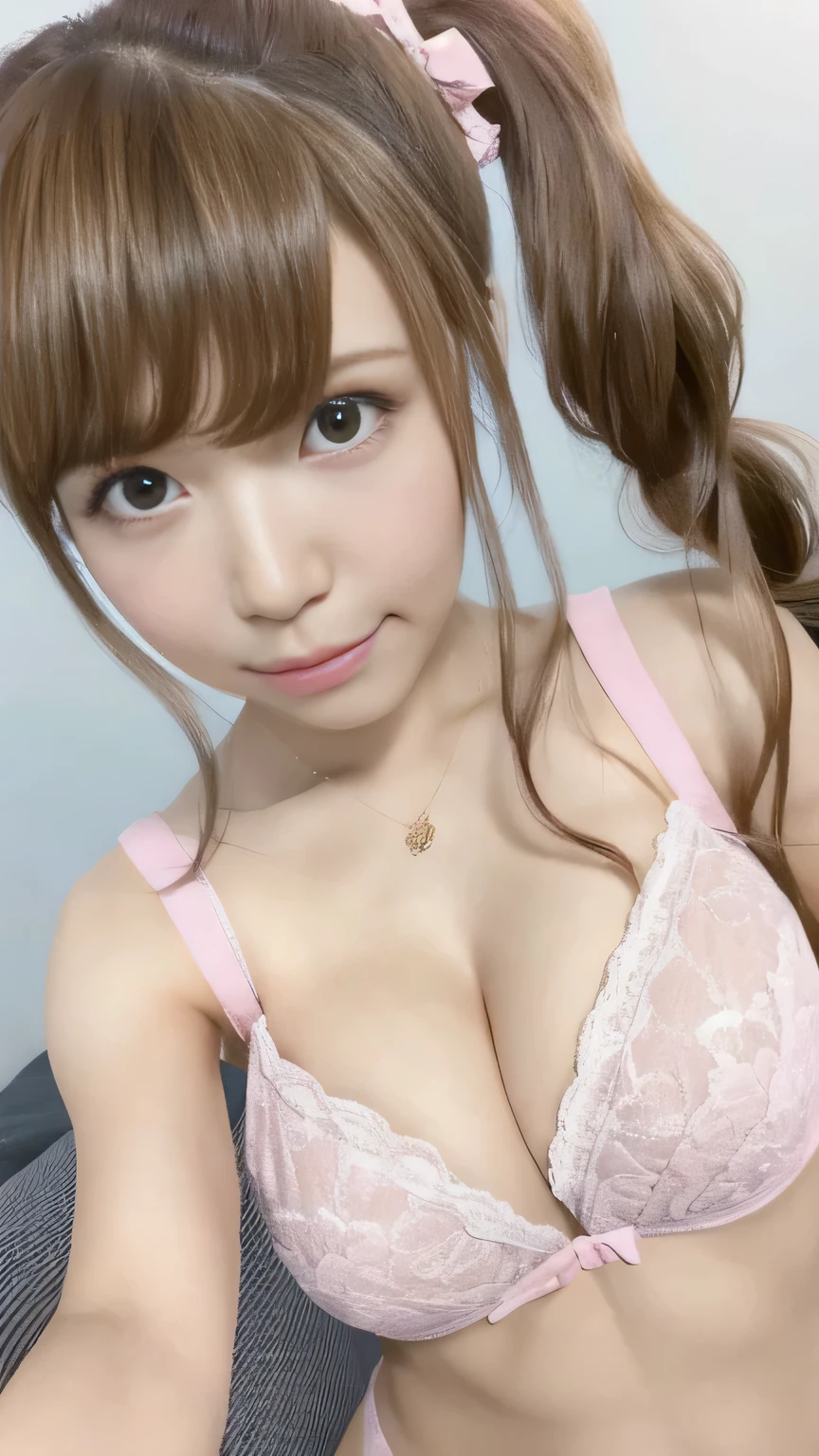 masterpiece, Highest quality, Official Art, (Highly detailed CG Unity 8K wallpapers), Detailed Background, (The Hands of Guido Daniele: 1.1), First Person View, 1, On the bed、Attractive and perfect beautiful woman, Sunburned skin、黒gal、gal女子高生, galJK, uniform, (Curvaceous), ( White thighs: 1.12), (Brown long hair: 1.12), (Ahoge (1.13), (High Ponytail: 1.12), Beautiful Face, (blush: 1.11), Showing her sexy panties to the camera((She is holding pink panties、Showing to the camera))