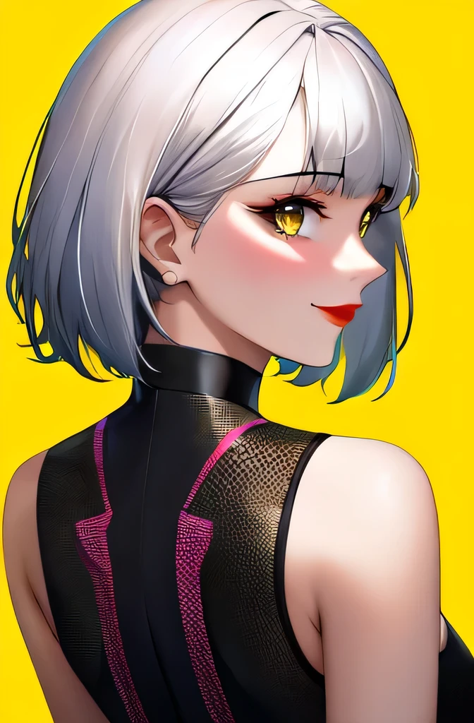 1 girl, Lucy \(cyberpunk\), One, I look at the viewer, cyberpunk, short hair, yellow background, smile, bare shoulders, Red eyeliner, draw up, Red lips, looking back, split bangs, upper body, cyborg, different colored eyes, Body, closed mouth, White hair ,cyberpunk \(row\), cyberpunk edgerunners,(mature woman),(masterpiece:1.2),(Best quality:1.2),