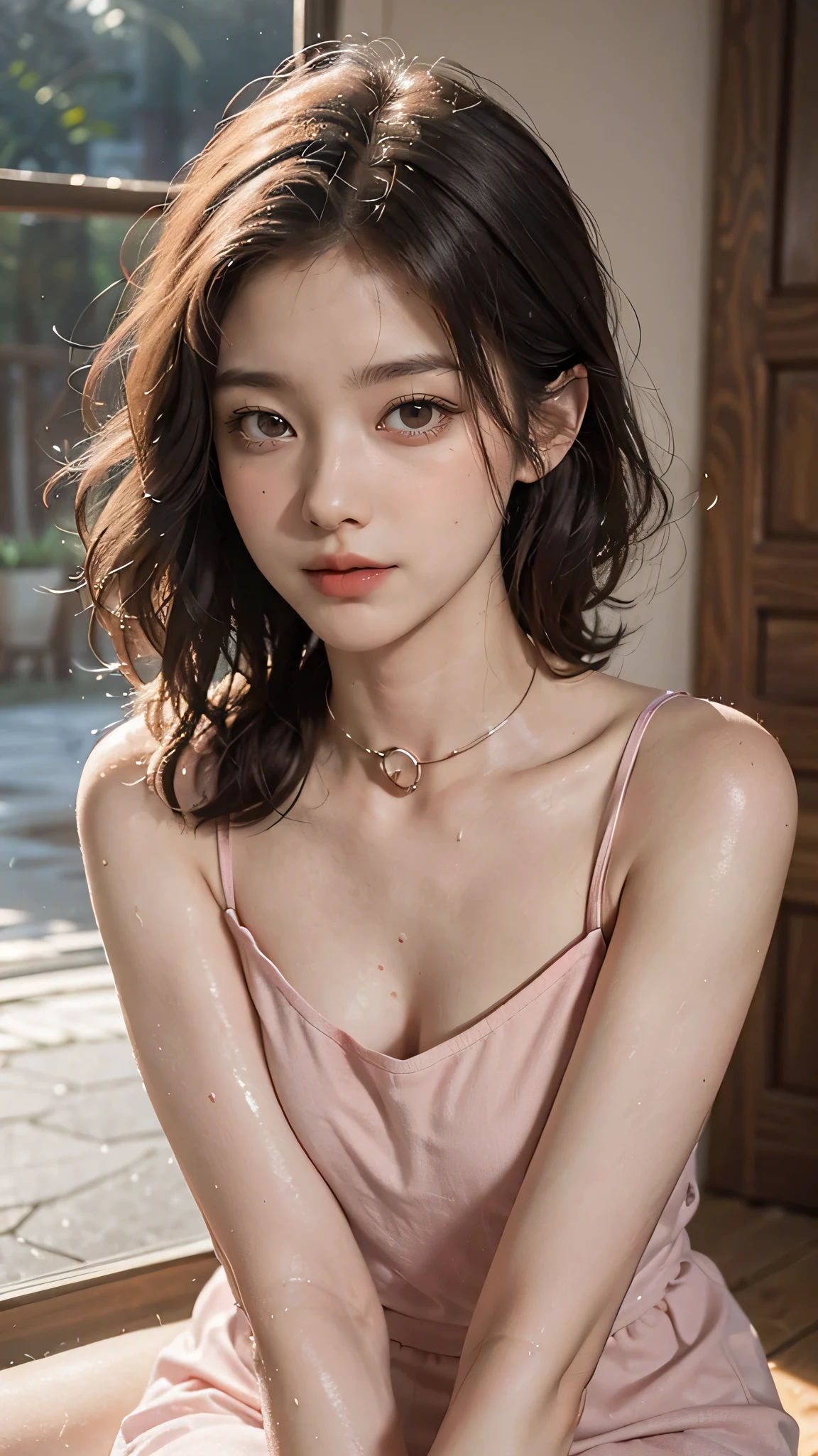 film photography, 1girl, pink shirt with collar, wet skins, seductive smile, medium breast, full body, drunk blush:1.5, wavy shoulder-length hair, serene, calm, (realistic detailed eyes, natural skin texture, realistic face details), soft dramatic lighting, depth of field, bokeh, vibrant details, finely detailed, hyperrealistic, indoor