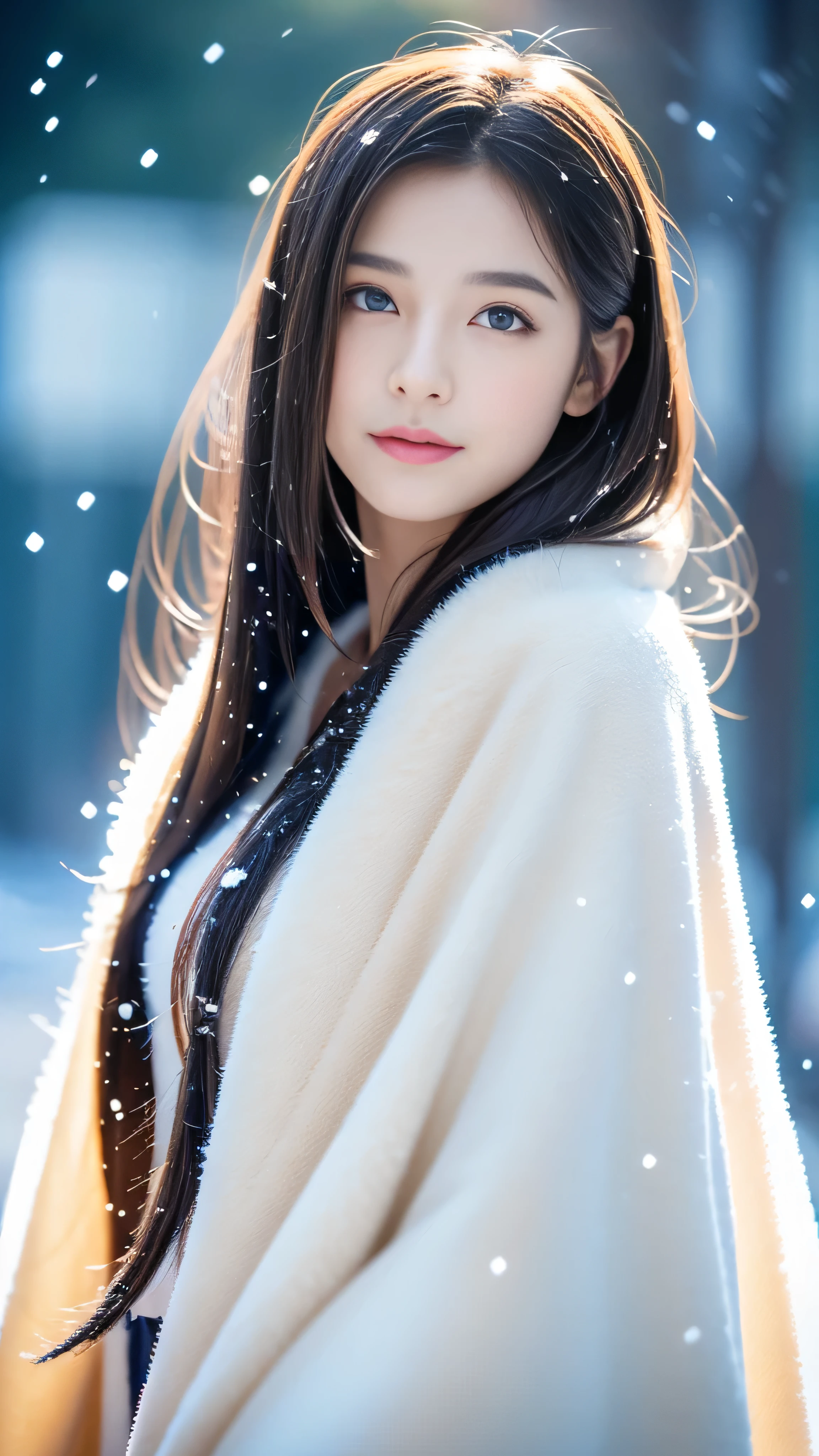 (highest quality, 8k, 32K,details are very clear),Realistic, High resolution, 1 Japanese Women, alone, (ta Costume),Gorgeous costumes,Facing the audience,(Upper Body,Upper limbs), Beautiful Eyes, brown hair, Ring-shaped eyes, (outside,Heavy snowfall,thick fur cape,Cover with snow),Snowfield,blue eyes,highest qualityのイラスト,Detailed facial features