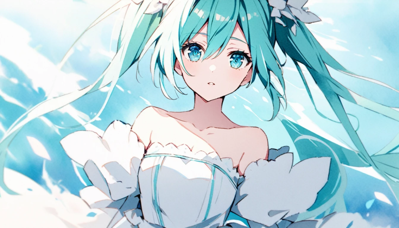 break watercolor, break hatsune_miku, solo, parted lips, detailed face, detailed eyes, detailed hair, wind effect, break dynamic angle, break strapless, bare shoulders, collarbone, Simple wedding dress, inspired by Nobuteru Yuki (Character Designer), break Gratified, break (clear blue sky), break [clean color:celluloid:0.6], break beautiful, aesthetic, detailed, beautiful color, amazing quality