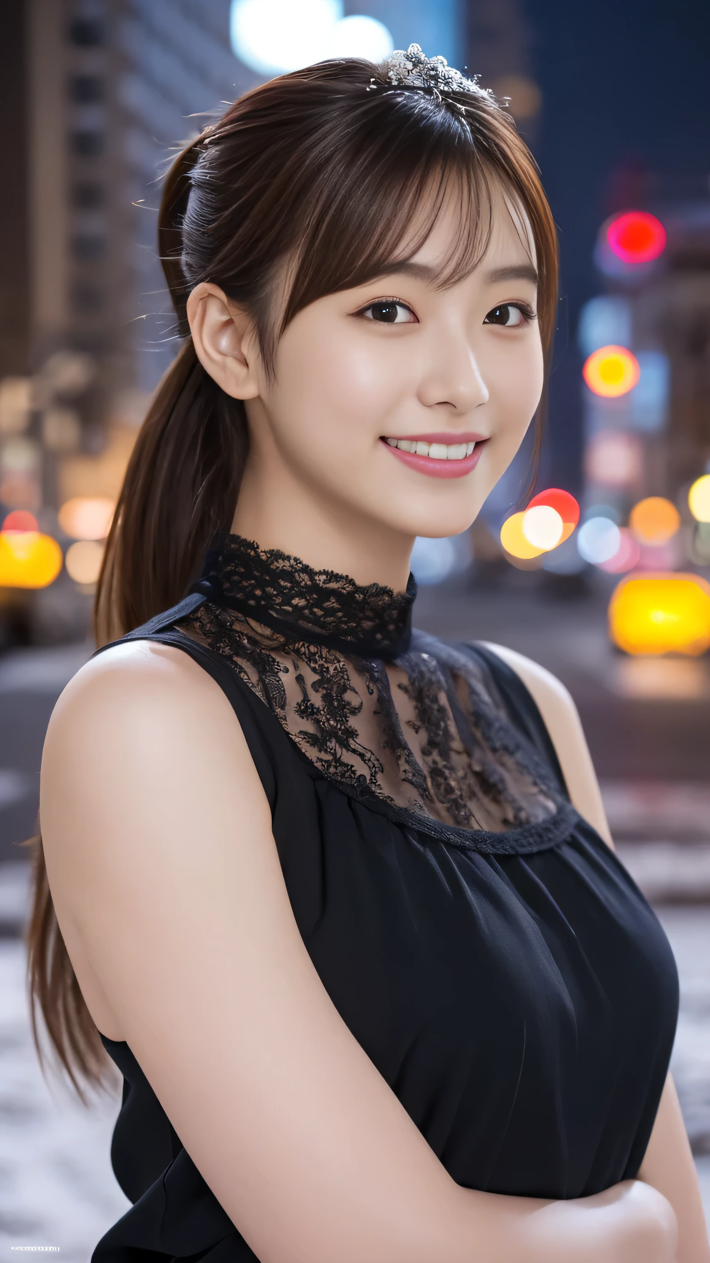 1 girl, (Wearing a black blouse:1.2), Beautiful Japanese actresses, (ponytail:1.3),
(RAW Photos, Highest quality), (Realistic, Photorealistic:1.4), masterpiece, 
Very delicate and beautiful, Very detailed, 2k wallpaper, wonderful, 
finely, Very detailed CG Unity 8k 壁紙, Very detailed, High resolution, 
Soft Light, Beautiful detailed girl, Very detailed目と顔, Beautiful and detailed nose, Beautiful and detailed, Cinema Lighting, 
BREAK
(Snowy night cityscape as background 1.3), City lights, 
Perfect Anatomy, Slender body, smile, Face the front completely, Looking at the camera