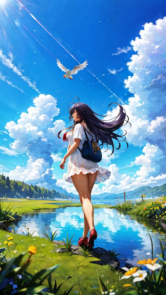 anime, anime landscape, Woman watching the clouds, In the grassland, creative, Realist, White cloud, blue sky, Wonderful landscape, Woman looking away from the camera, Wide Photography, Realistic grass, Flying Bird. The middle lake, The sky is reflected in the lake, student、Young people、Hot summer sky、Raise your fist
