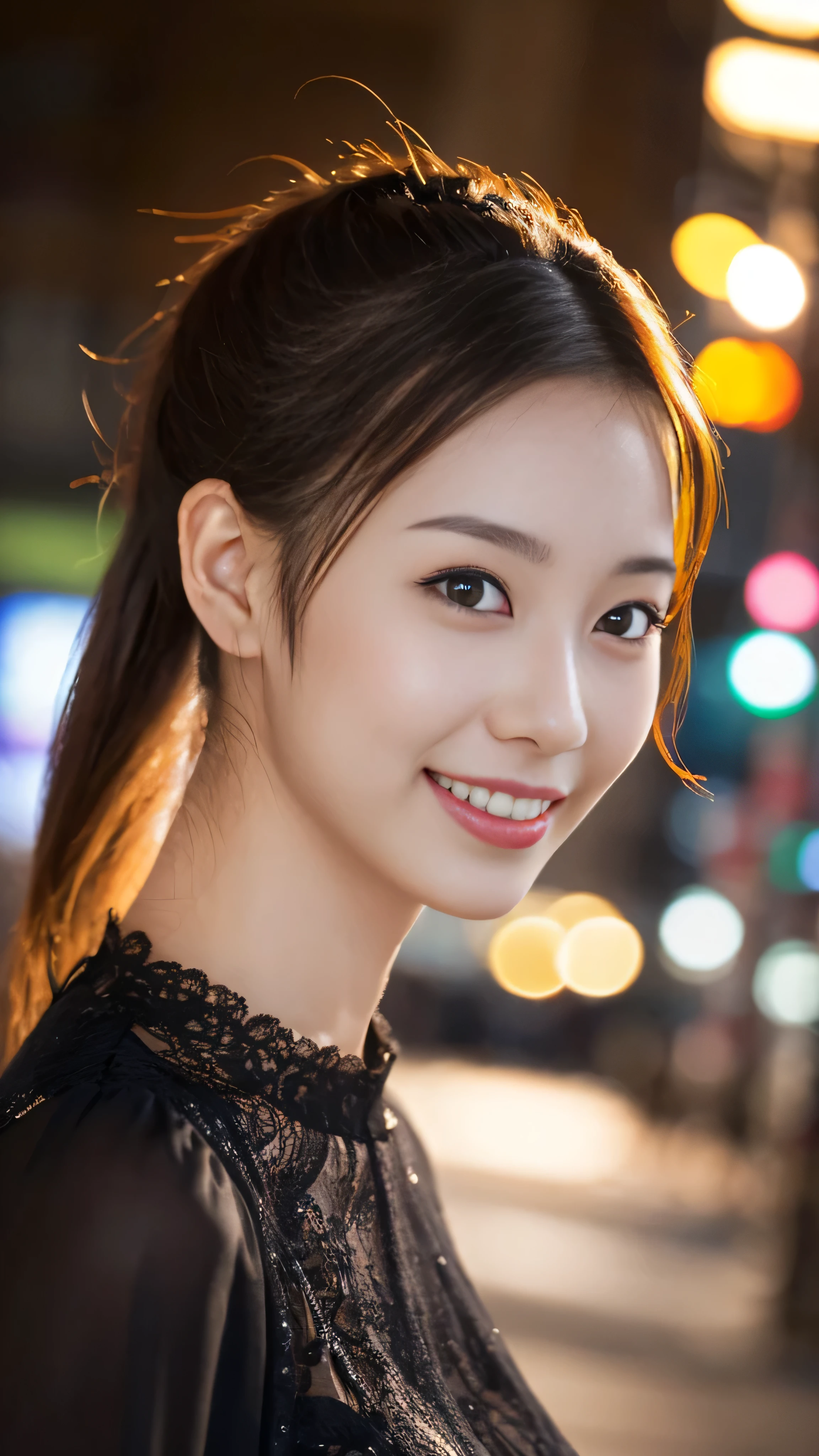 1 girl, (Wearing a black blouse:1.2), Beautiful Japanese actresses, (ponytail:1.3),
(RAW Photos, Highest quality), (Realistic, Photorealistic:1.4), masterpiece,
Very delicate and beautiful, Very detailed, 2k wallpaper, wonderful,
finely, Very detailed CG Unity 8k 壁紙, Very detailed, High resolution,
Soft Light, Beautiful detailed girl, Very detailed目と顔, Beautiful and detailed nose, Beautiful and detailed, Cinema Lighting,
BREAK
(Snowy night cityscape as background 1.3), City lights,
Perfect Anatomy, Slender body, smile, Face the front completely, Looking at the camera