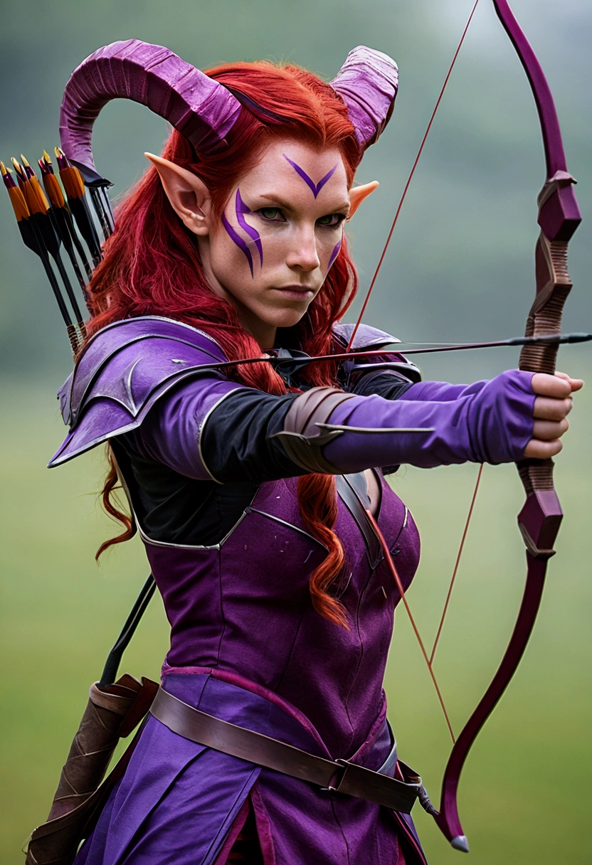 Make a red-haired Tiefling with purple highlights holding a bow and arrow