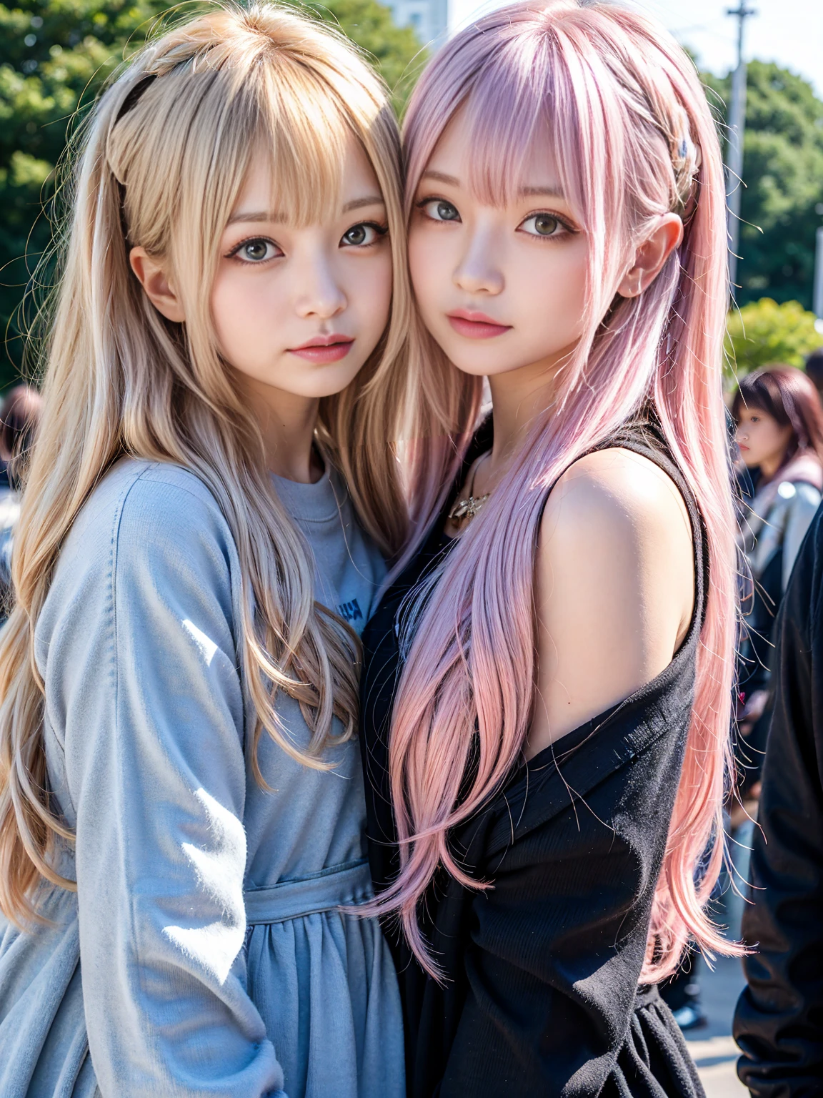 Ai Hoshino, beige pink hair, Blue Hair,Long Hair, favorite , Beautiful, shining eyes, Stars in my eyes, Idol, 2By people, 2 girls, Long pink hair