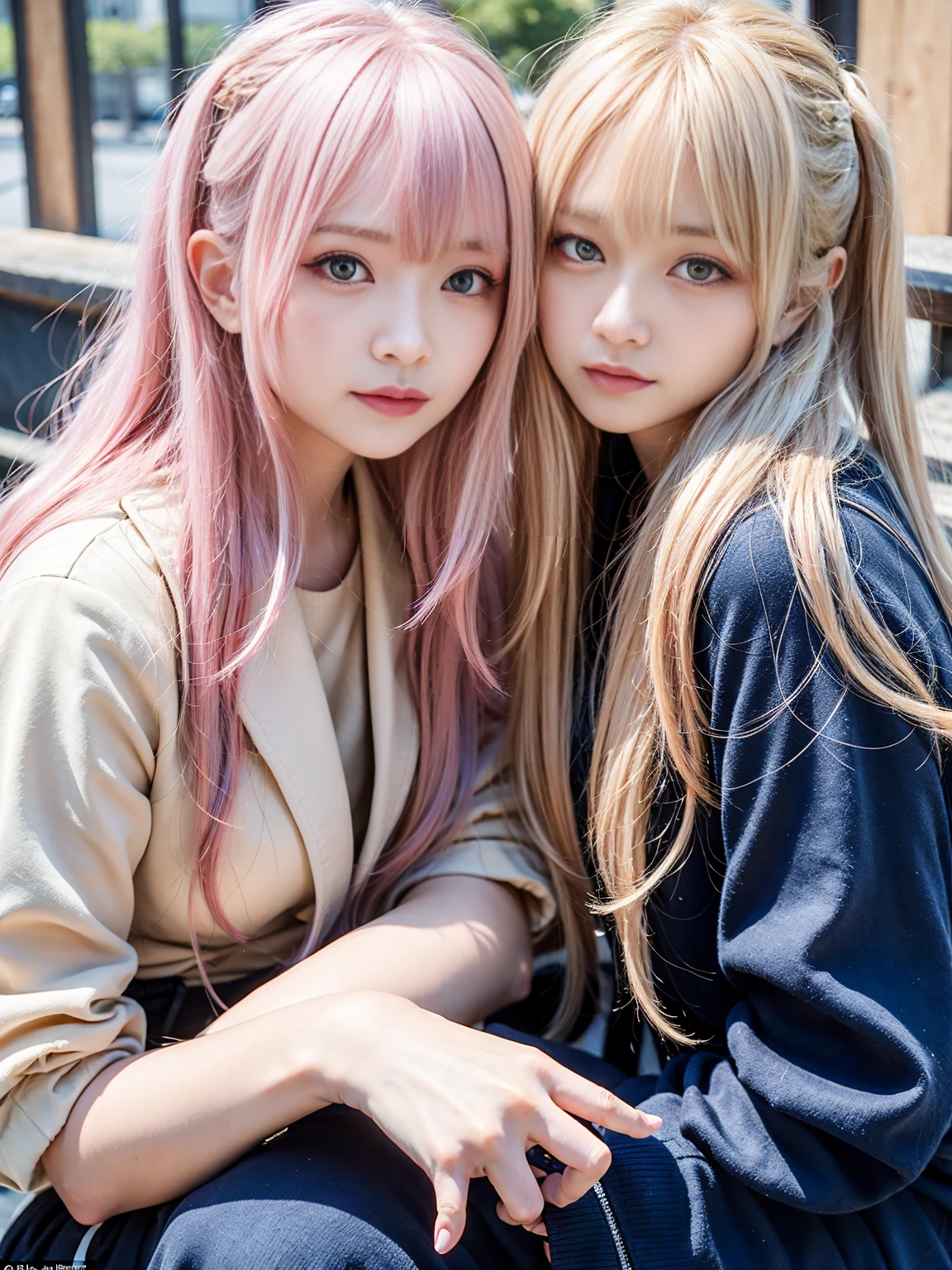 Ai Hoshino, beige pink hair, Blue Hair,Long Hair, favorite , Beautiful, shining eyes, Stars in my eyes, Idol, ２By people, 2 girls, Long pink hair