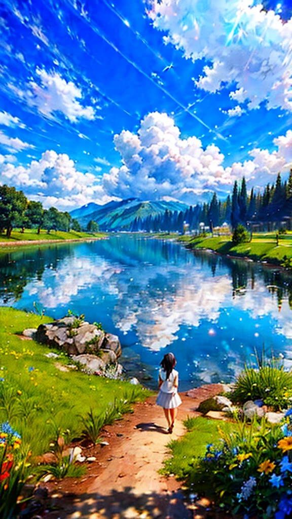 anime, anime landscape, Woman watching the clouds, In the grassland, creative, Realist, White cloud, blue sky, Wonderful landscape, Woman looking away from the camera, Wide Photography, Realistic grass, Flying Bird. The middle lake, The sky is reflected in the lake, student、Young people、Hot summer sky、Raise your fist
