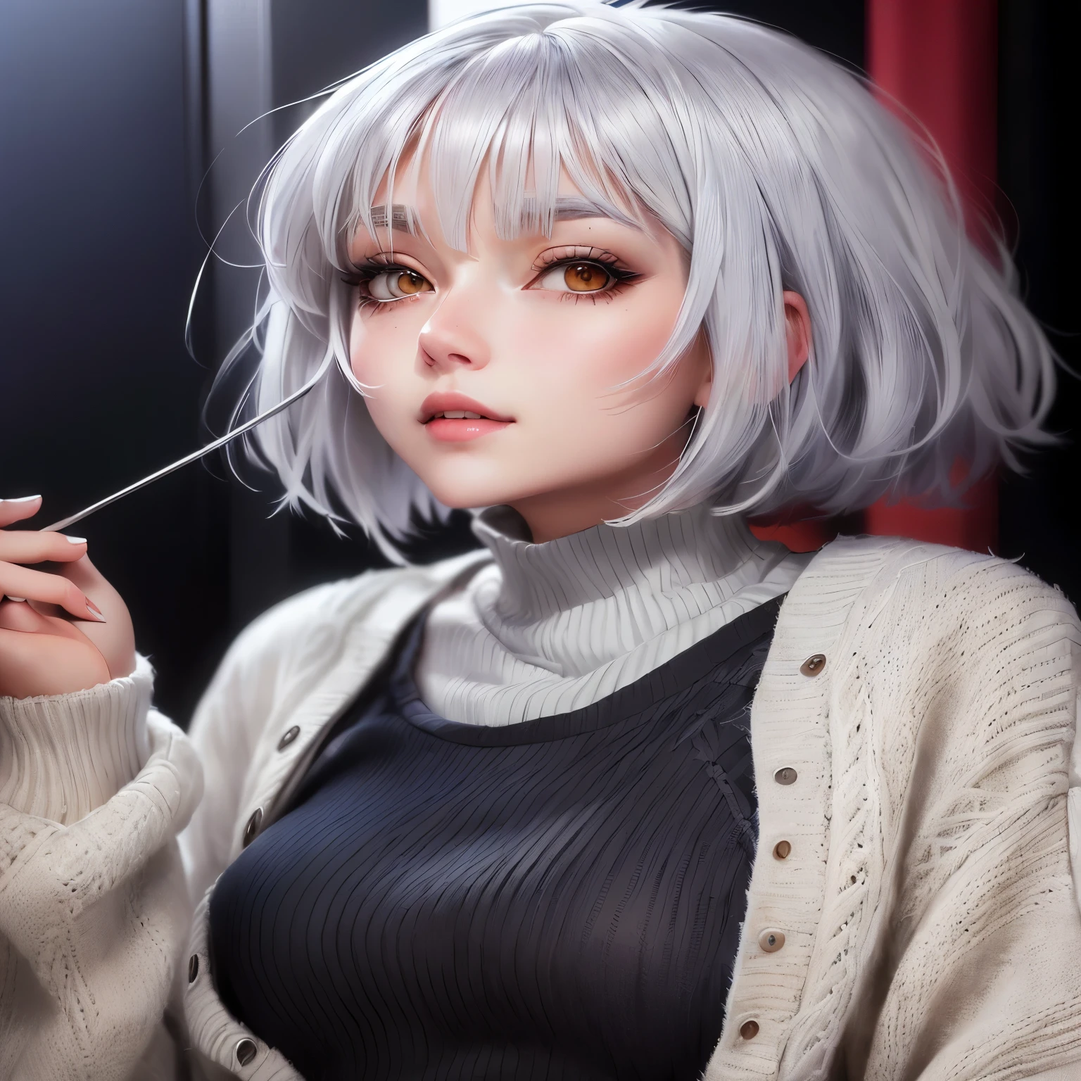 A two-dimensional woman with gray hair wearing a white vertical sweater, Girl with short white hair, Soft portrait shots , Girl Silver Hair, , Anime Style, Silver Haired Girl, Anime Girls, R18 anime, Shirahime cut hairstyle, hentai anime 2D style, Short Hair, short bob white hair