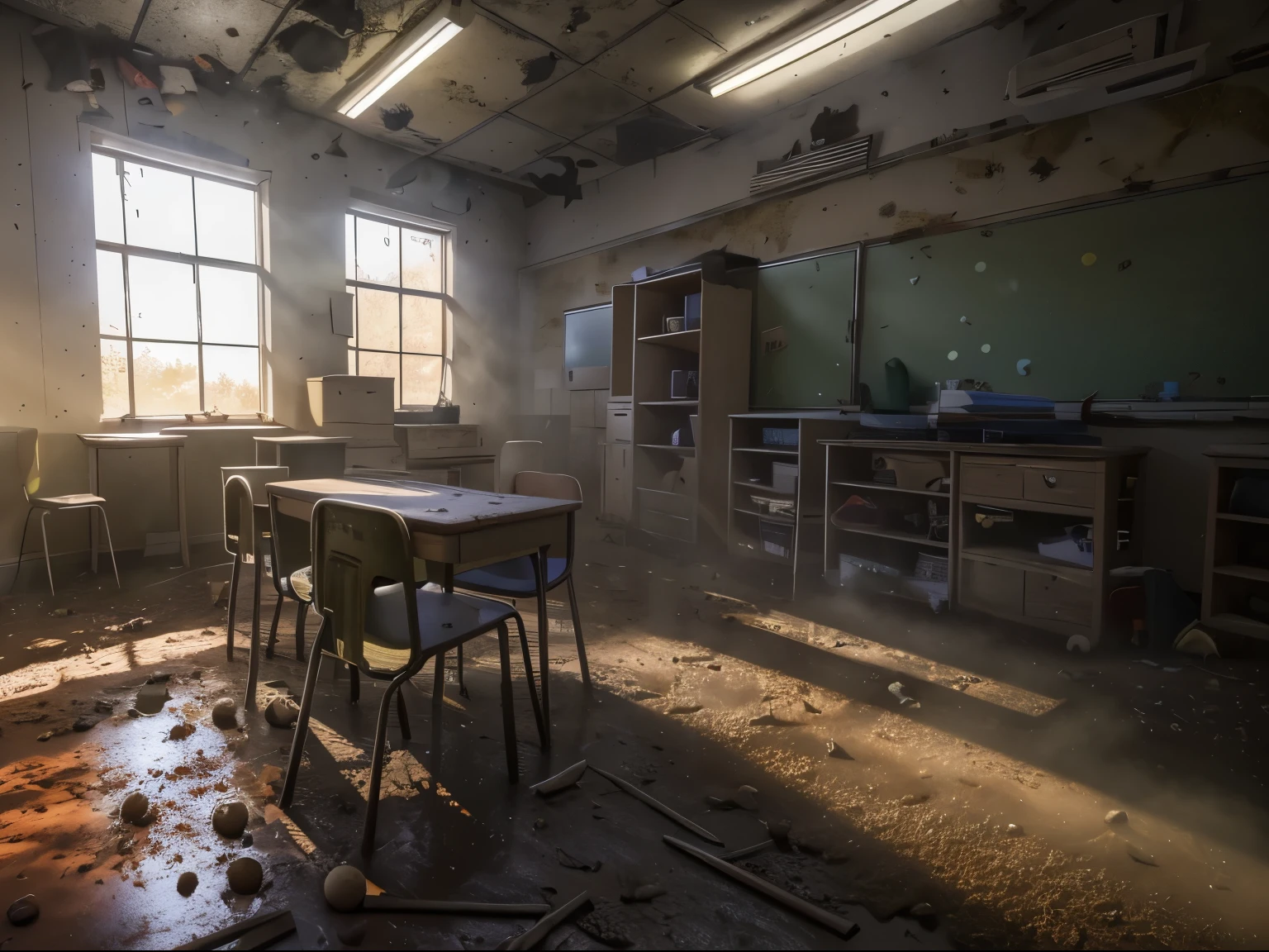 3d rendering of classroom, abandoned, dramatic color grade, mosses, an abandoned, roto, oud, accurate color grading, RVB, Sony A7 III, Sigma Art 85 mm f / 1,4 DG HSM, A perfect, sub-surface Scattering, unrealengine, dusty sun light, dystopian world、Mossy、schools