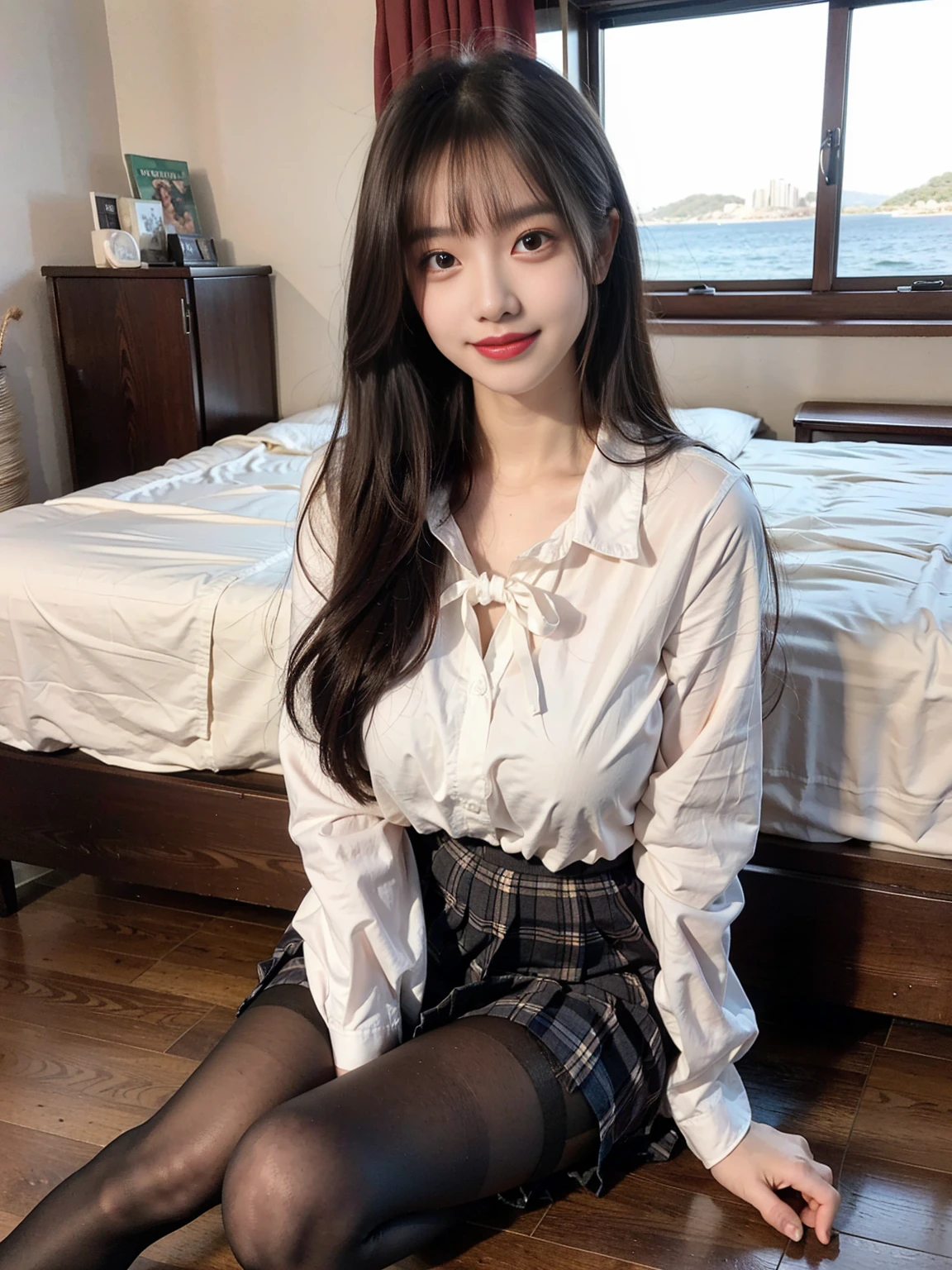 (Highschool girls inside suite room:1.4, 17 years old, cute faces:1.5, triangular face, sitting on gorgeous bed), looking at viewer, ((embarrassed:1.3, smile:1.1)), shy smile, open mouth, silky skins, natural makeup, glossy lips, group shot, (sexual suggestive:0.7), (identical school uniform:1.5, white shirt open chest, see through , both hand on breast:1.24), (naked :0.2), (3 girls:1, perfect style, full body), ((slender body)), (pleated plaid skirt, show panties), (raw photo:1.4),(( legs wide open, ribbons, pantyhose:1.2)), (gentle light, 16k wallpaper, raw photo, idol), BIBE, (wide window with ocean scenery, expensive furniture:1.3, sheets on floor:1.4, flowers in planter), (very huge round breasts)