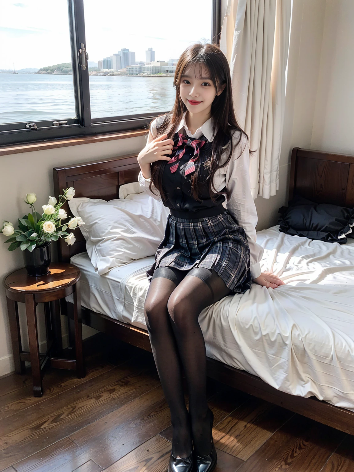 (Highschool girls inside suite room:1.4, 17 years old, cute faces:1.5, triangular face, sitting on gorgeous bed), looking at viewer, ((embarrassed:1.3, smile:1.1)), shy smile, open mouth, silky skins, natural makeup, glossy lips, group shot, (sexual suggestive:0.7), (identical school uniform:1.5, white shirt open chest, see through , both hand on breast:1.24), (naked :0.2), (3 girls:1, perfect style, full body), ((slender body)), (pleated plaid skirt, show panties), (raw photo:1.4),(( legs wide open, ribbons, pantyhose:1.2)), (gentle light, 16k wallpaper, raw photo, idol), BIBE, (wide window with ocean scenery, expensive furniture:1.3, sheets on floor:1.4, flowers in planter), (very huge round breasts)