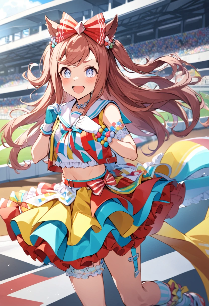 Agnes Digital \(umamusume\), Single knee socks, No sleeve, One-handed gloves, Garter Straps,, Crop top, Frills, Sailor collar, Colorful Skirts, Multicolored clothing, Layered skirt, Red Belt, White shirt, Race Track