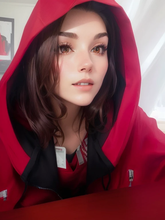 there is a woman in a red hoodie sitting at a table, wearing a scarlet hoodie, wearing sith hood, wearing a red hoodie, profile picture, Red and black cape and hoodie, dressed in a beautiful red cape, hooded dress, angelobo, in red and black, red hoodie, fully dressed in red robes, wearing red jacket